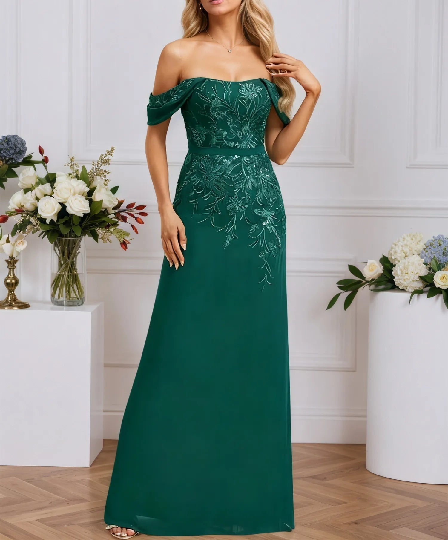 Sheath/Column Off the Shoulder Floor-Length Lace Chiffon Evening Dress With Sequins