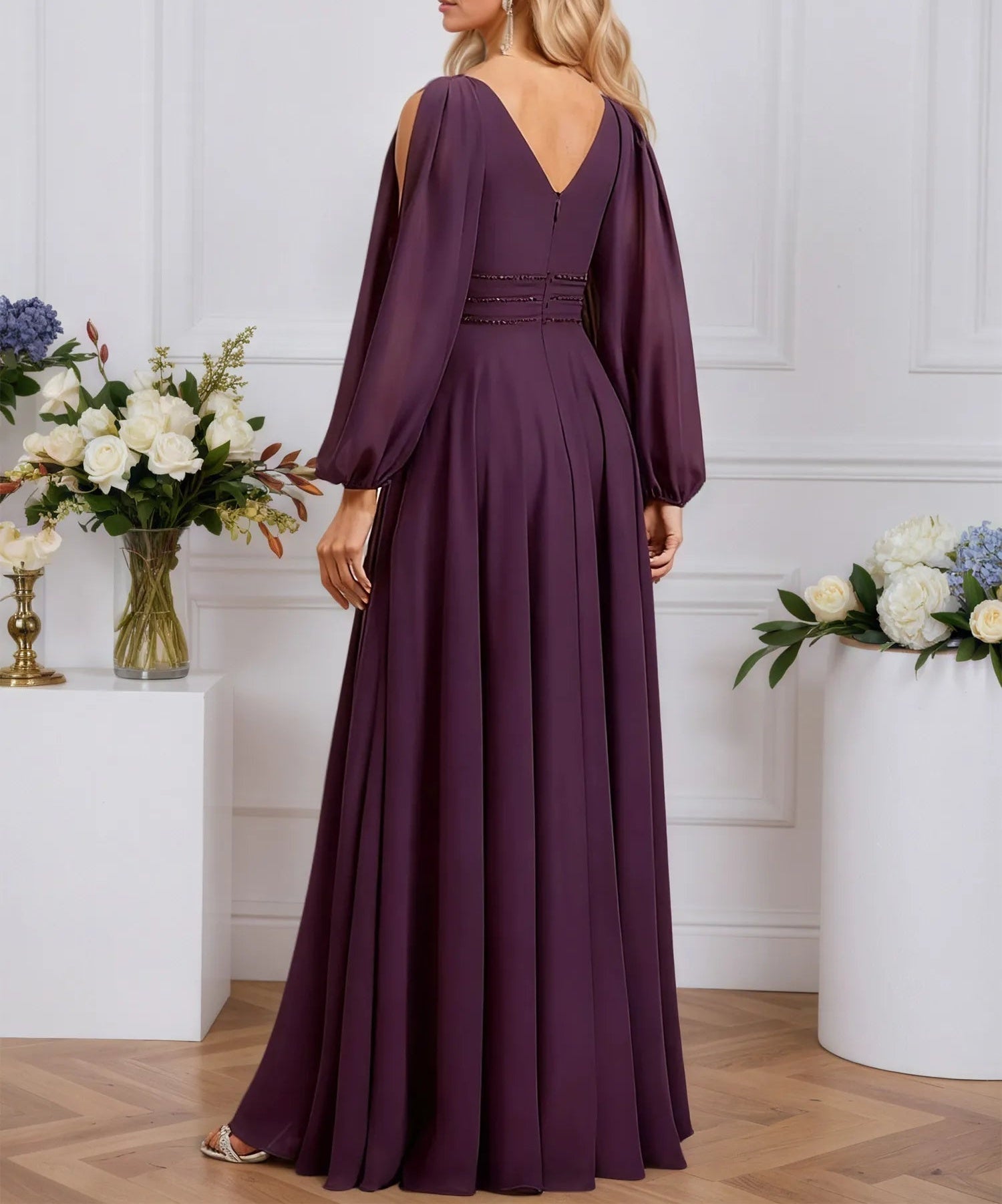 A-line Cold Shoulder V-Neck Floor-Length Chiffon Evening Dress With Cascading Ruffles Beading