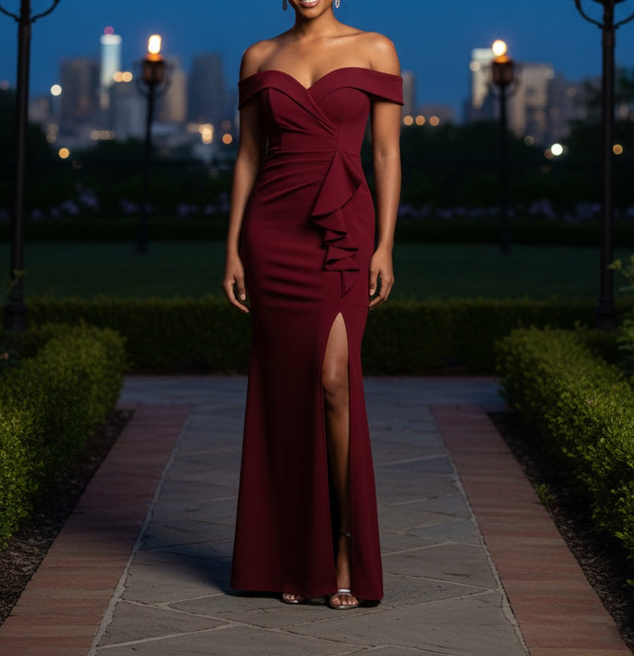 Mermaid Satin Ruffles Maxi Mother of the Bride Dress with Slit
