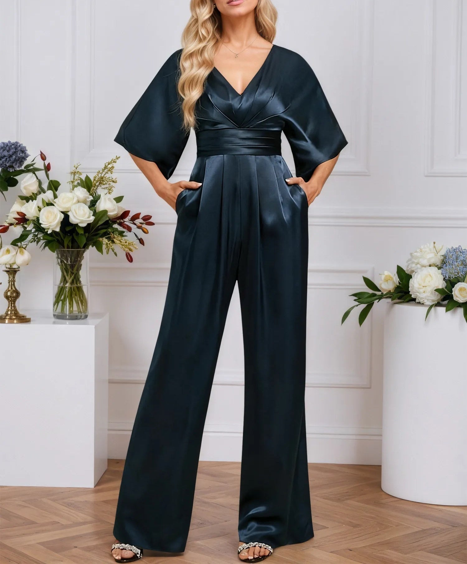 Jumpsuits V-Neck Floor-Length Stretch Satin Evening Dress With Pleated