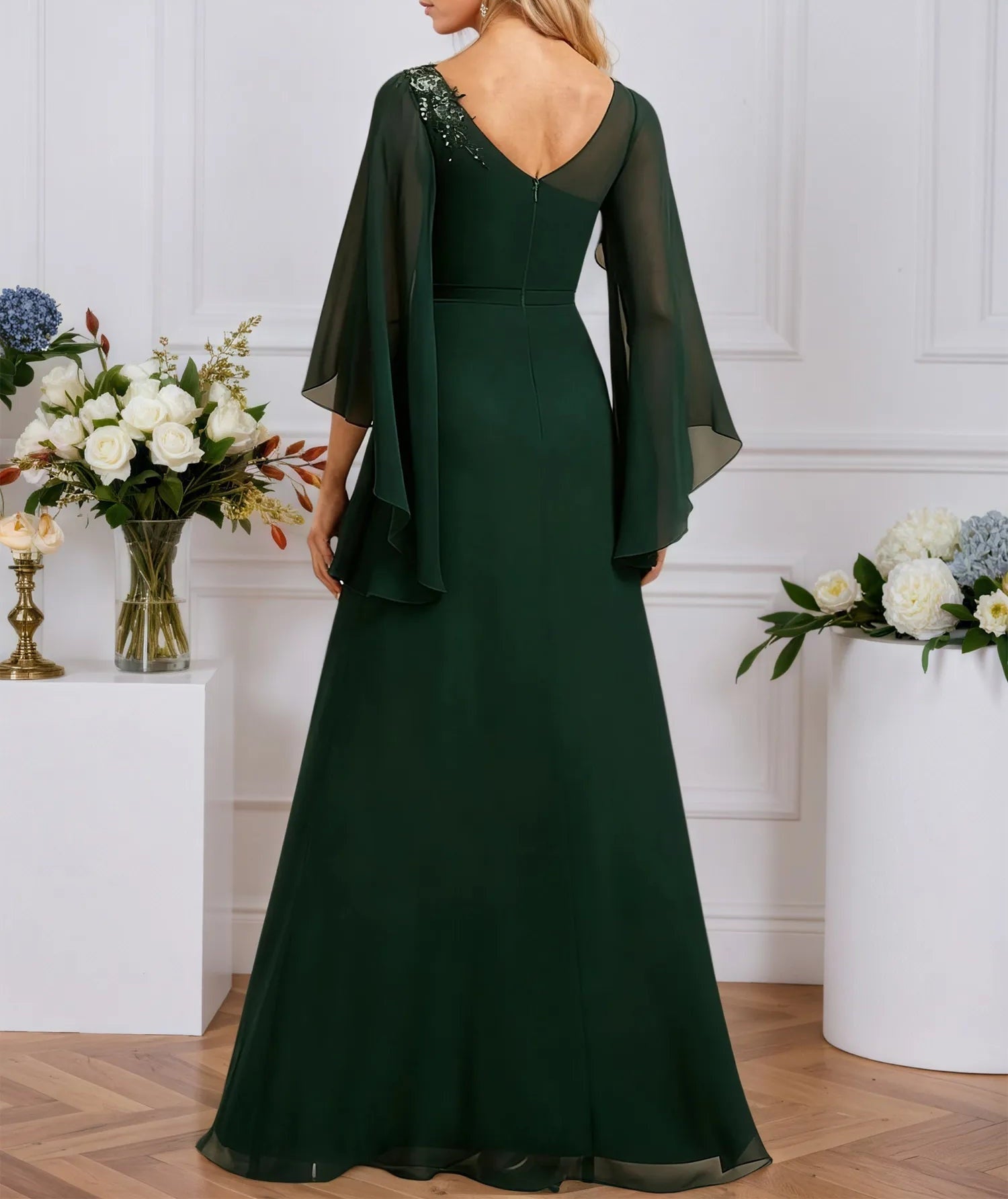 A-line Boat Neck Illusion Floor-Length Chiffon Evening Dress With Sequins Appliques Lace Pleated