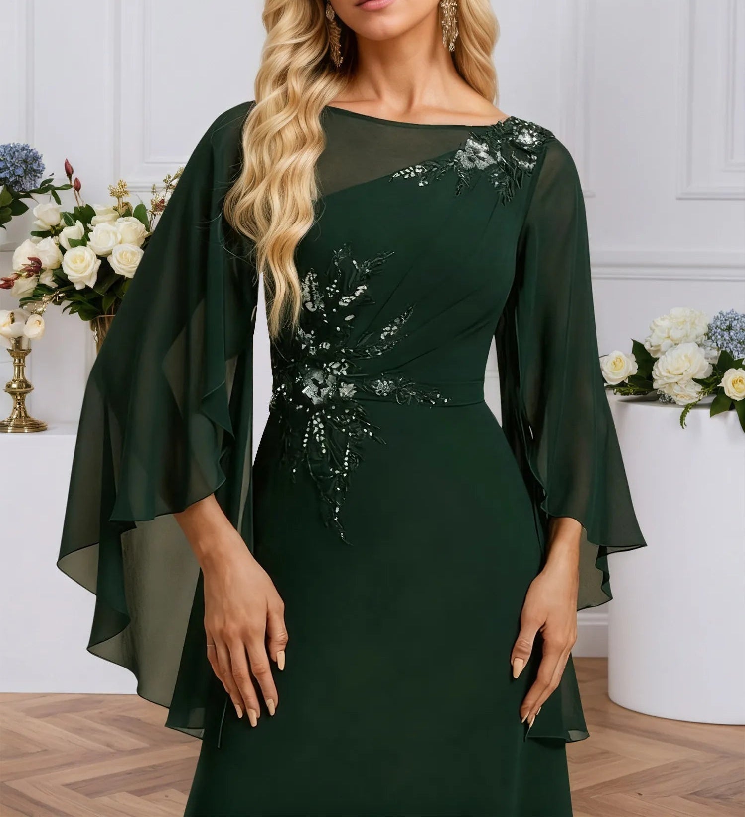 A-line Boat Neck Illusion Floor-Length Chiffon Evening Dress With Sequins Appliques Lace Pleated