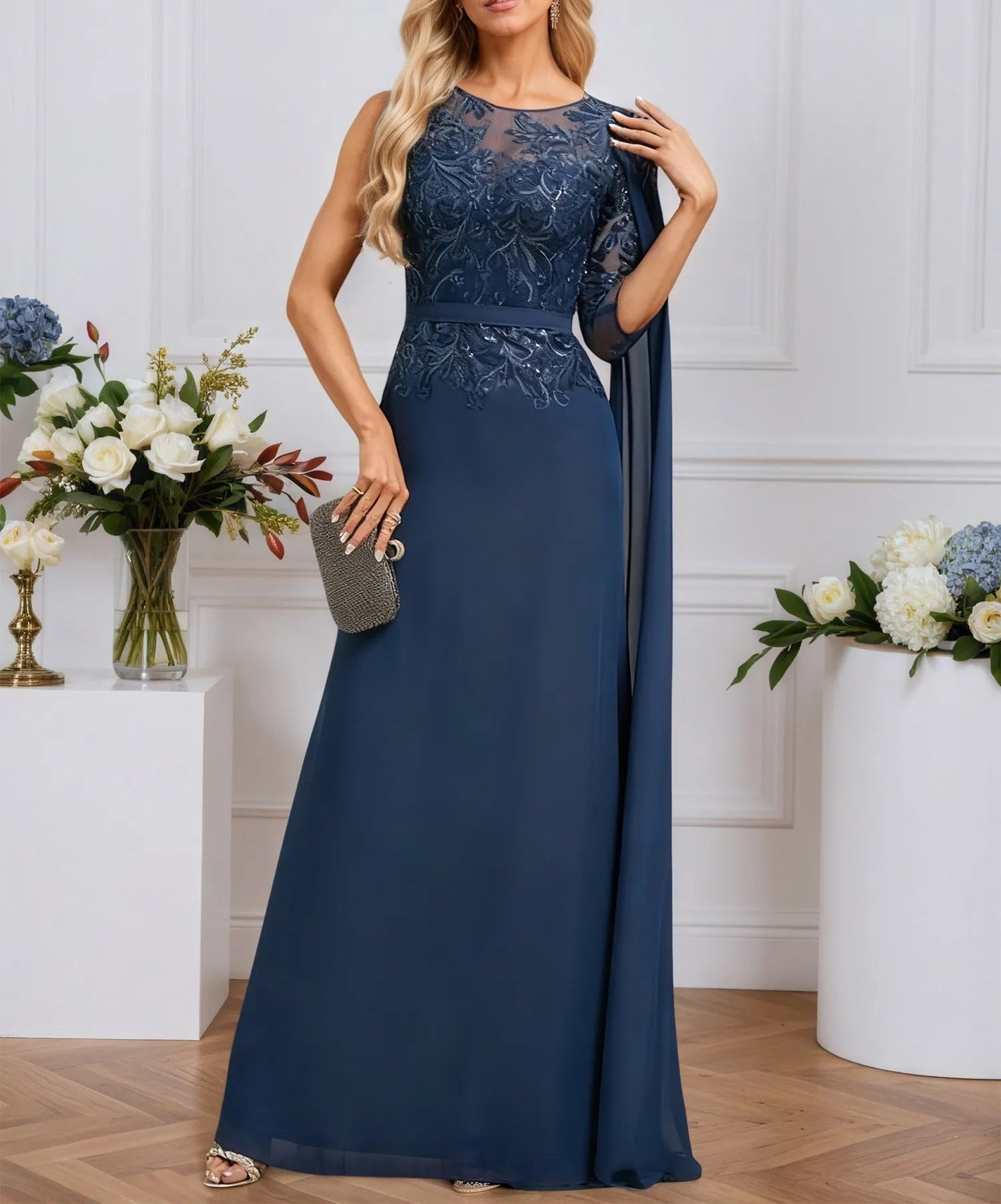 A-line Scoop Neck Floor-Length Chiffon Evening Dress With Sequins Appliques
