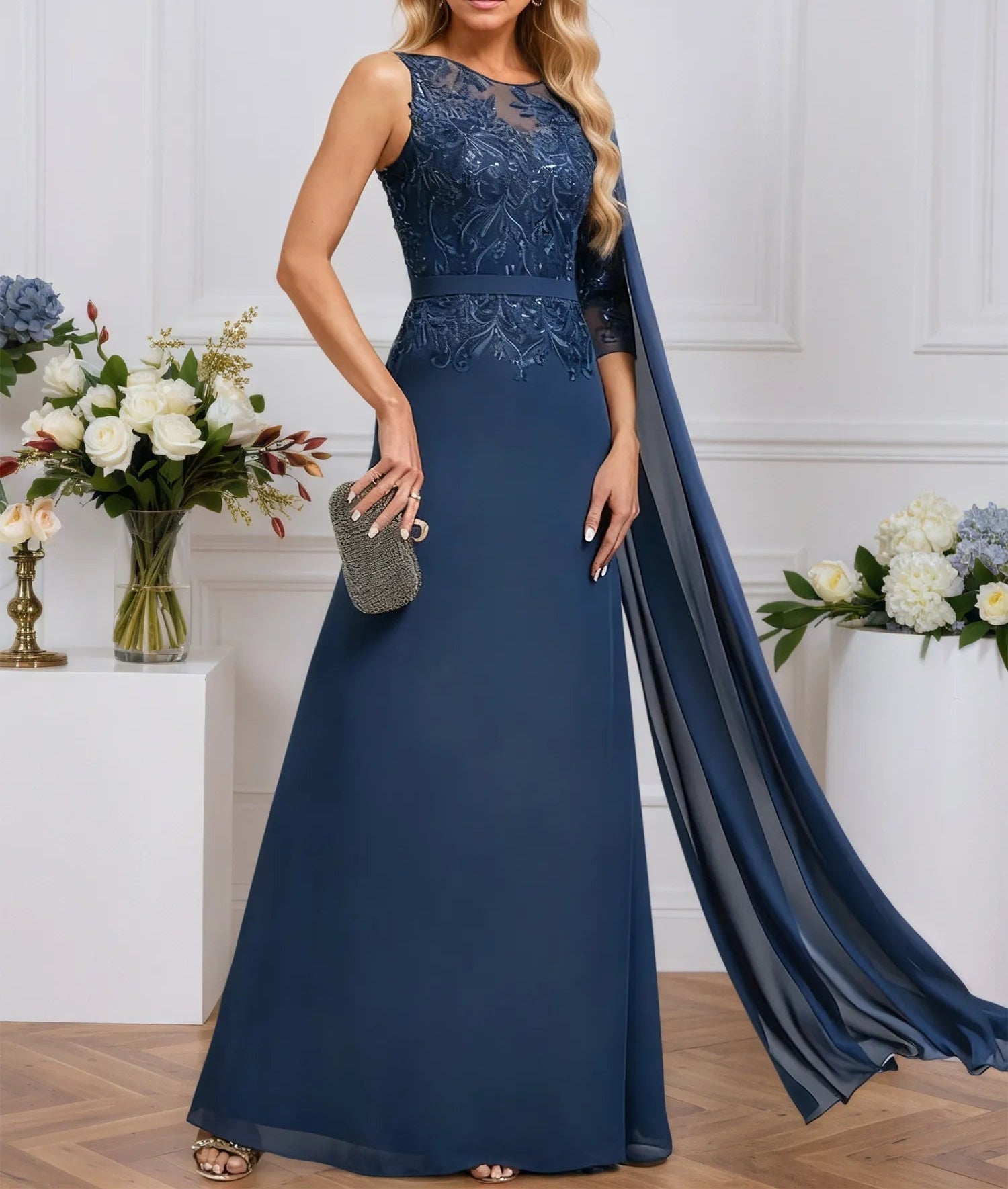 A-line Scoop Neck Floor-Length Chiffon Evening Dress With Sequins Appliques