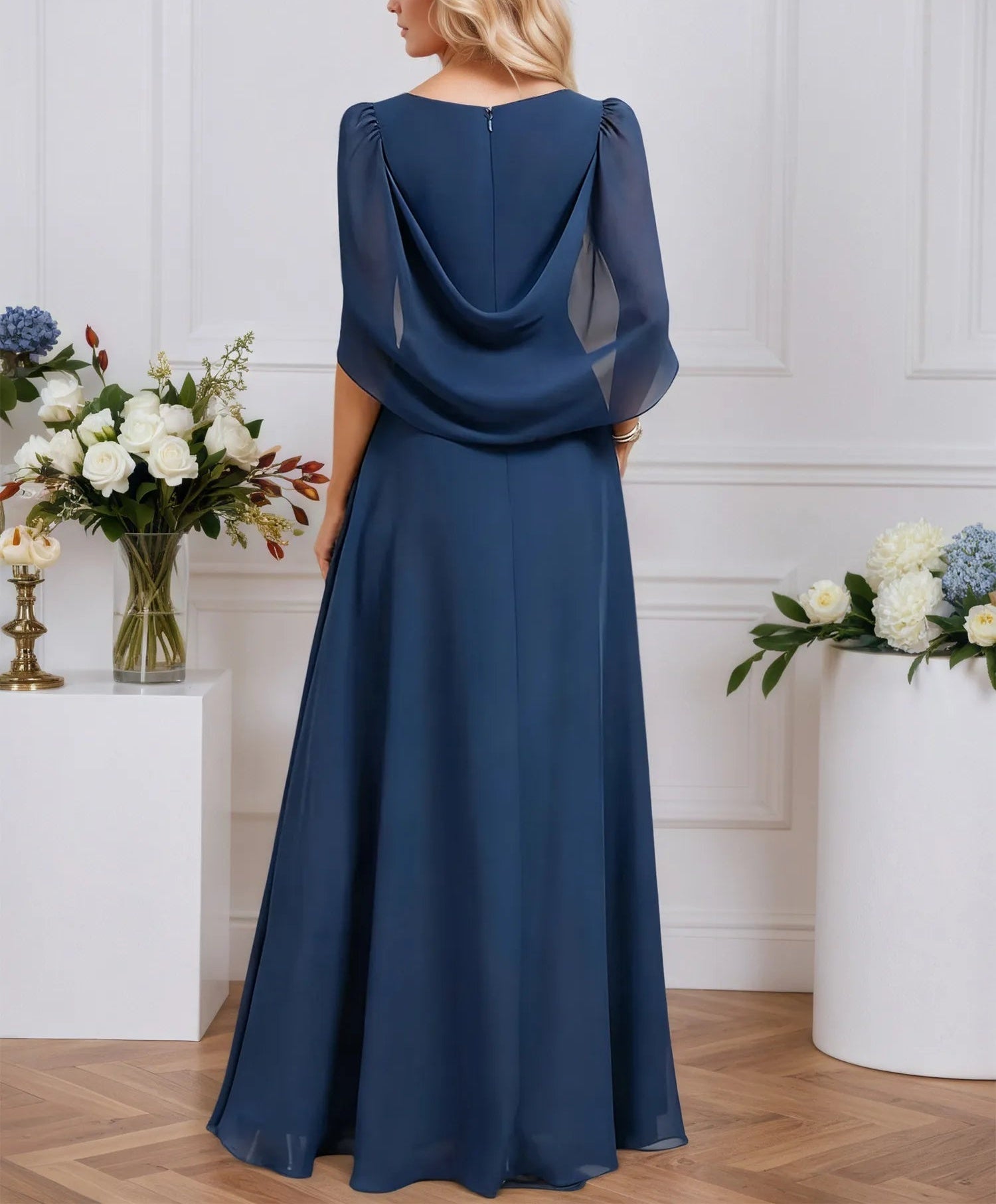 A-line V-Neck Floor-Length Chiffon Evening Dress With Cape Pleated