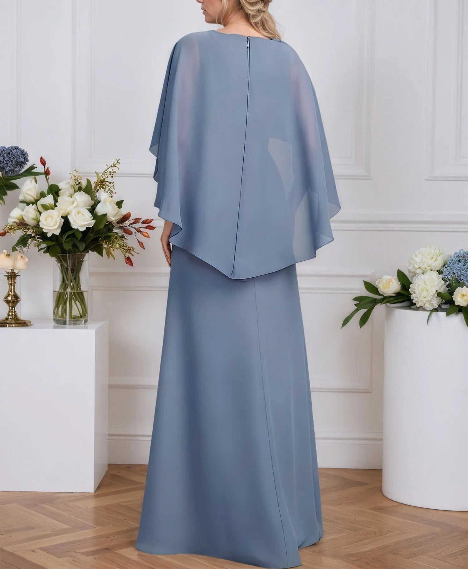 A-line V-Neck Floor-Length Lace Chiffon Mother of the Bride Dress With 3D Floral Sequins Cascading Ruffles