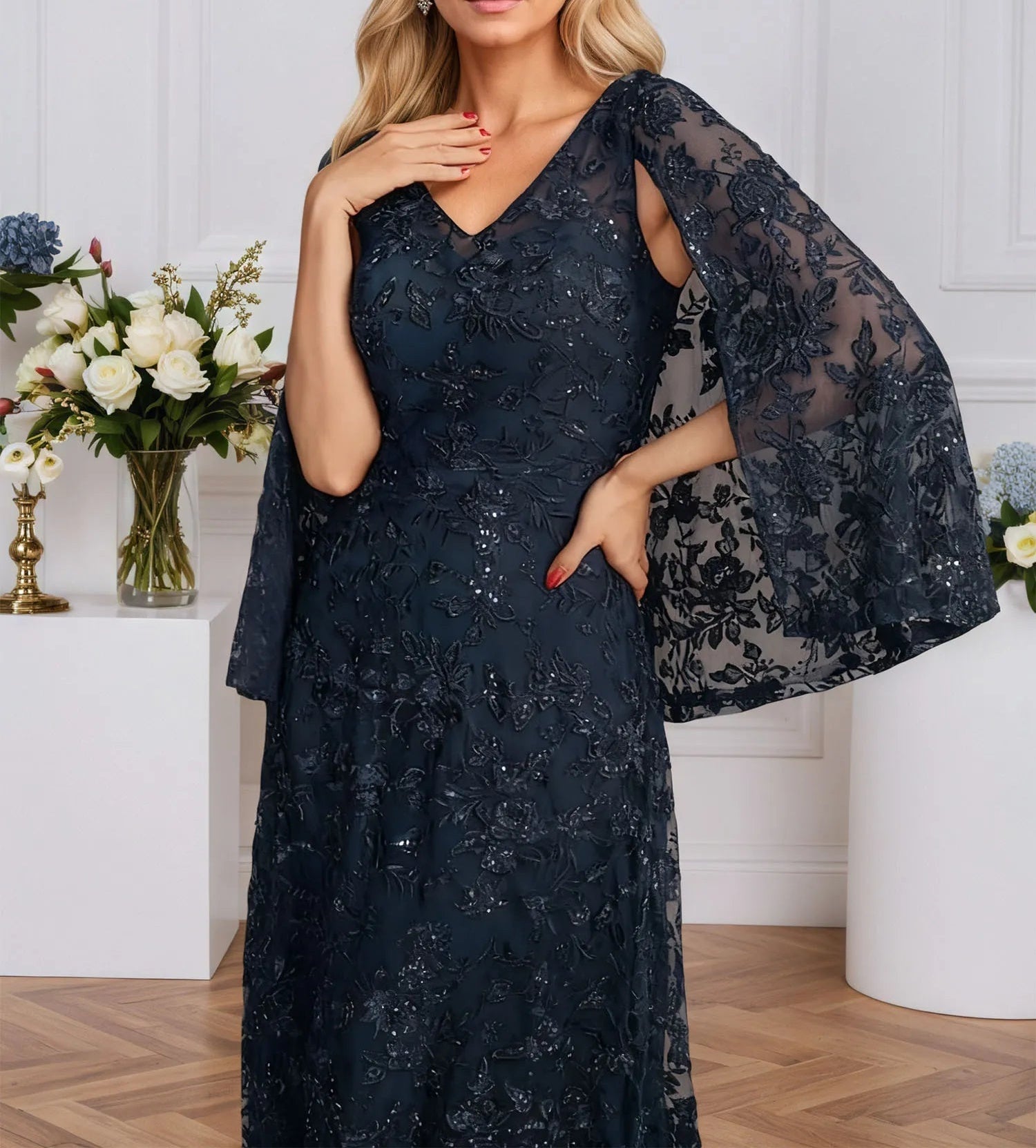 A-line V-Neck Floor-Length Lace Mother of the Bride Dress With Sequins