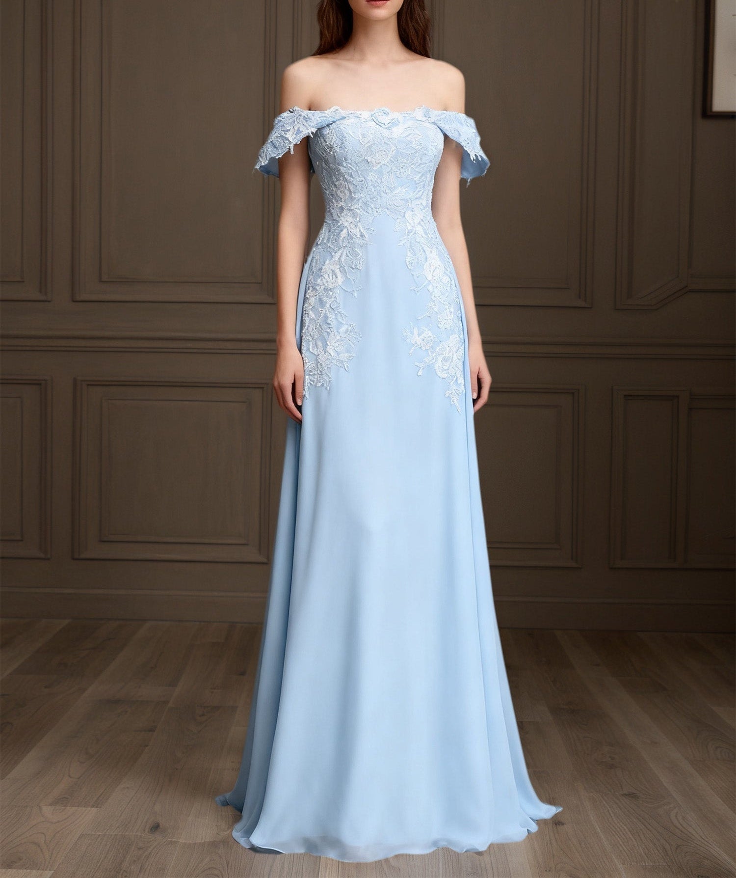 Elegant Off the Shoulder Chiffon Sheath Long Mother of the Bride with Lace Appliques