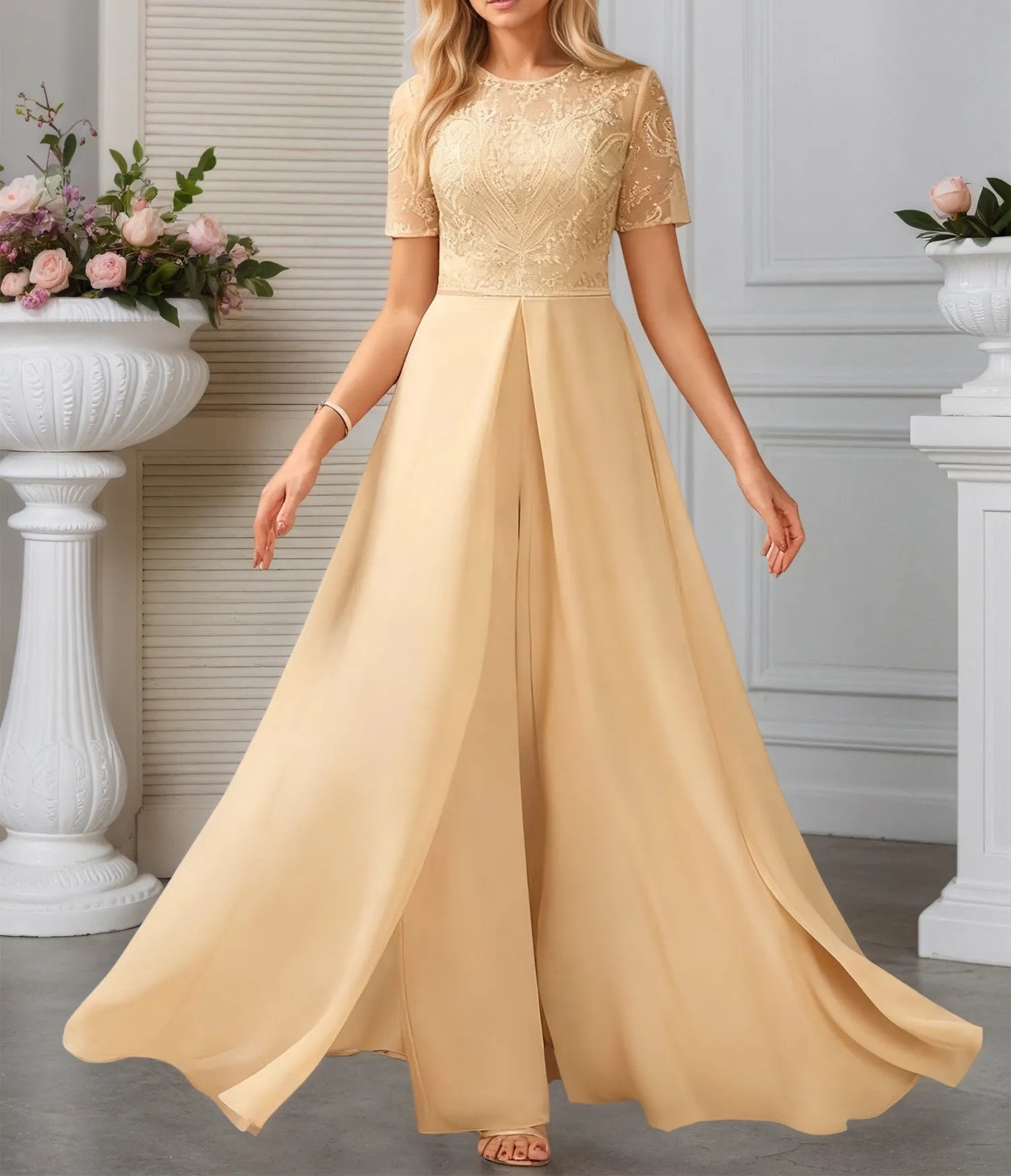 Jumpsuits Illusion Scoop Floor-Length Lace Chiffon Evening Dress With Overskirt Sequins