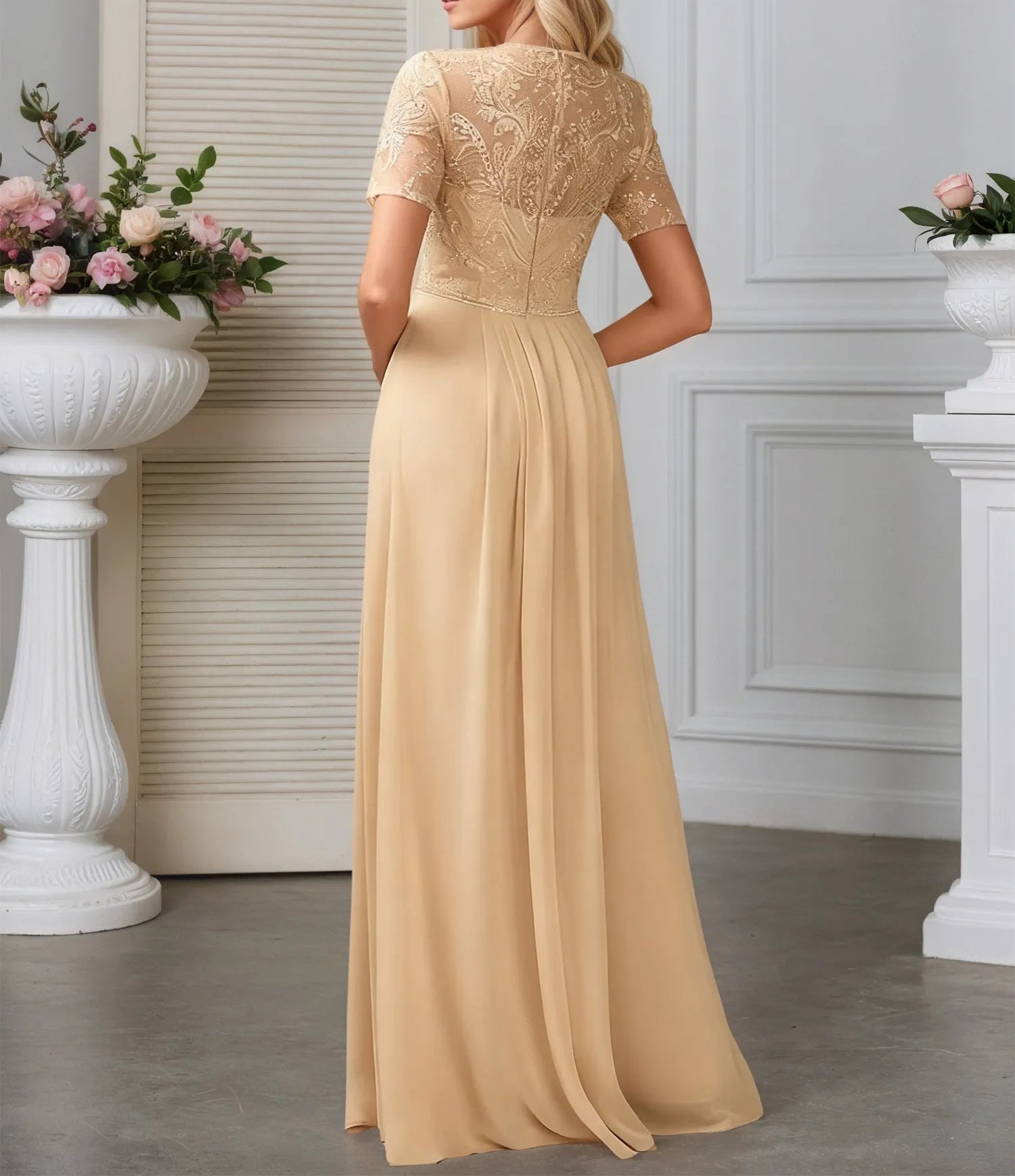Jumpsuits Illusion Scoop Floor-Length Lace Chiffon Evening Dress With Overskirt Sequins