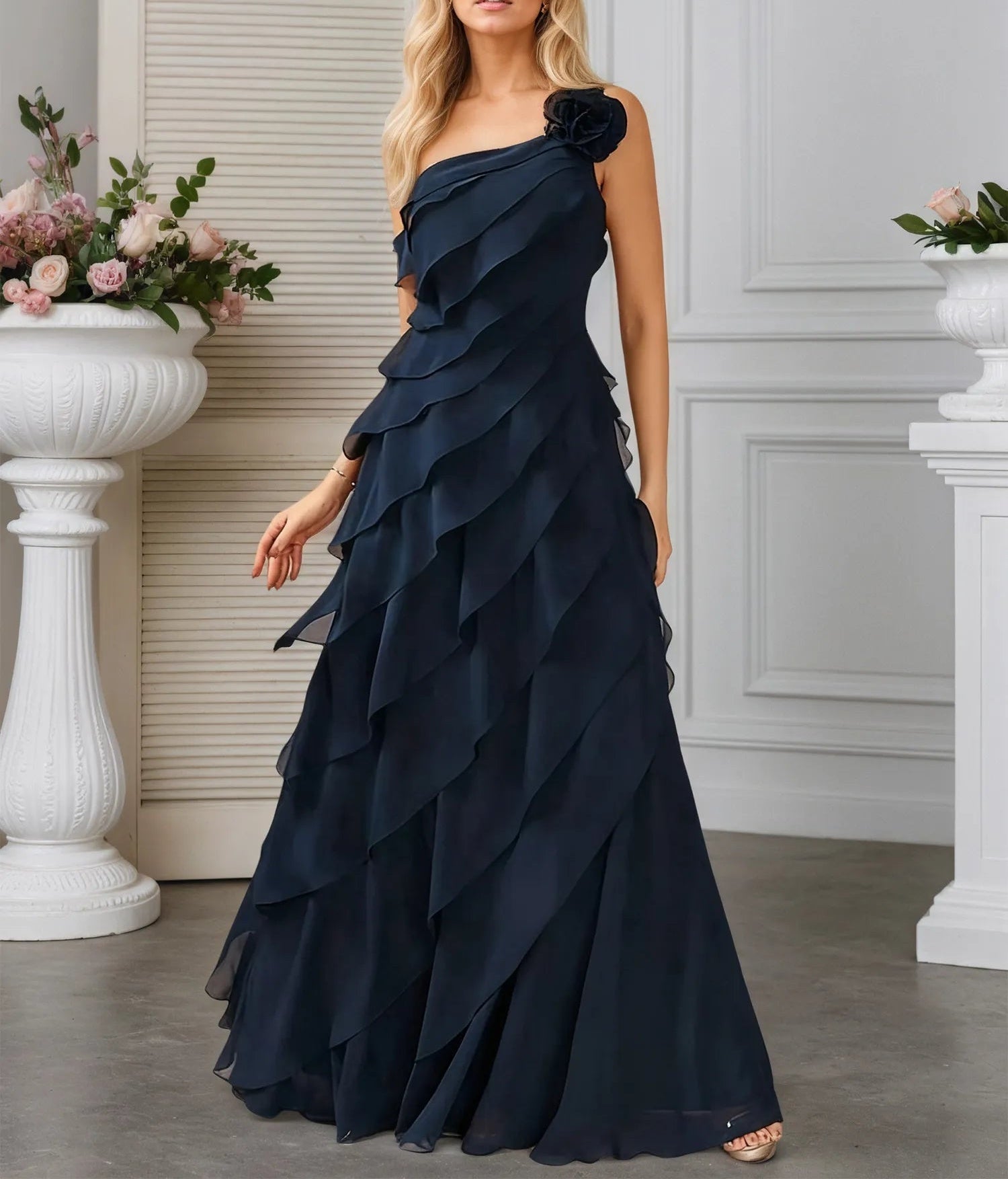 A-line One Shoulder Floor-Length Chiffon Evening Dress With Cascading Ruffles Flower