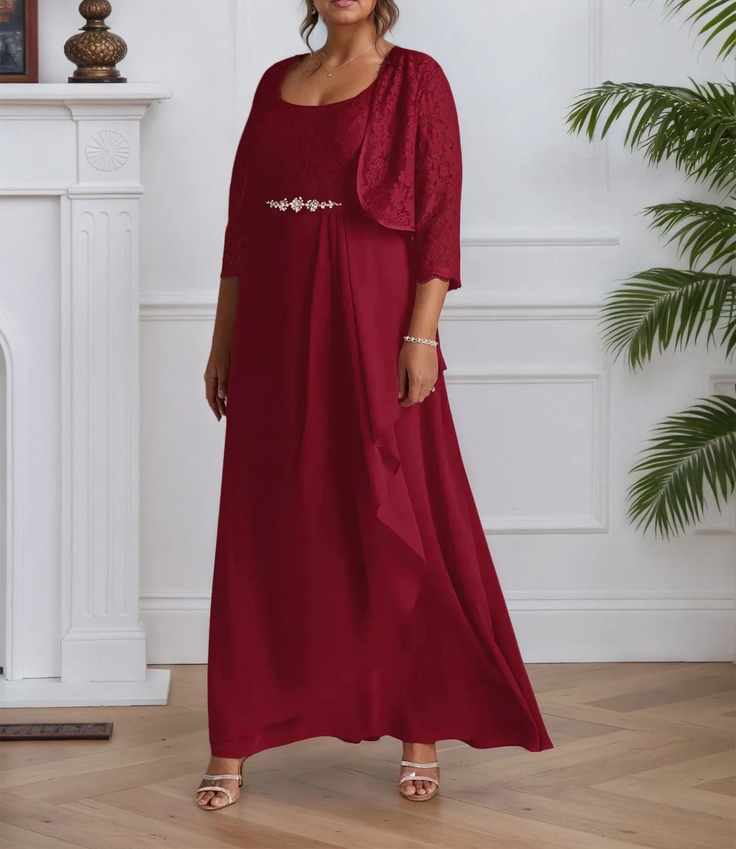 A-Line Square Neckline Lace Chiffon Mother of the Bride Dress