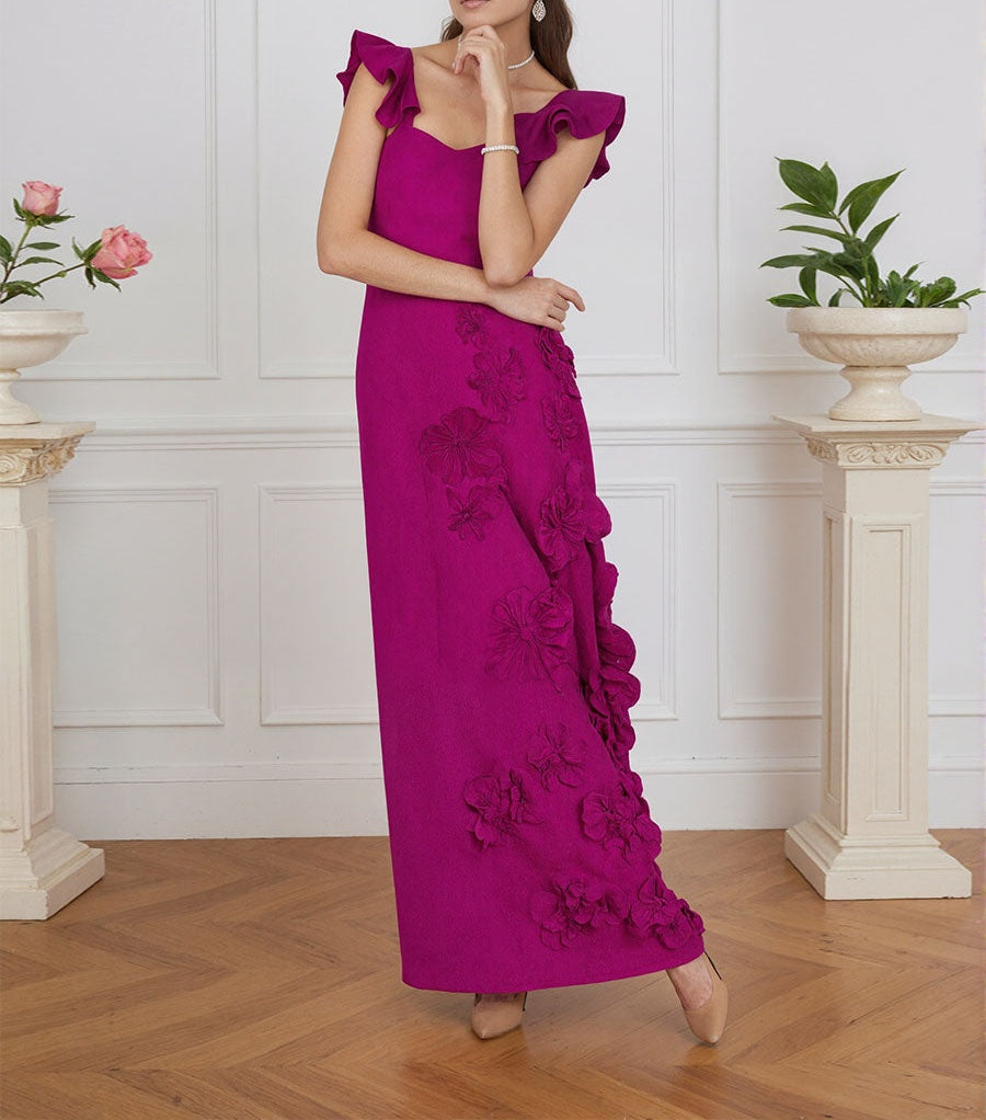 Lilac 3D Floral Sheath Formal Gown with Ruffle Sleeves