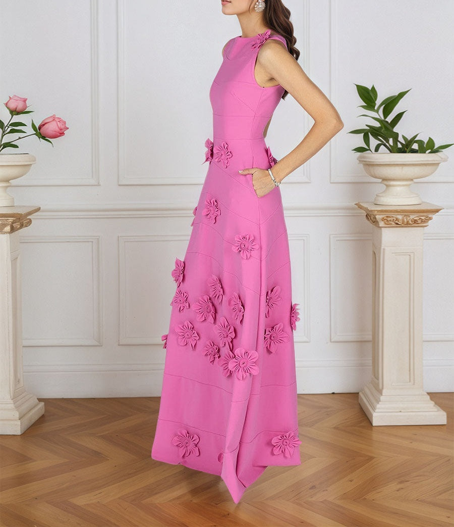 Lavender Boat Neck Formal Gown with Cascading 3D Flowers