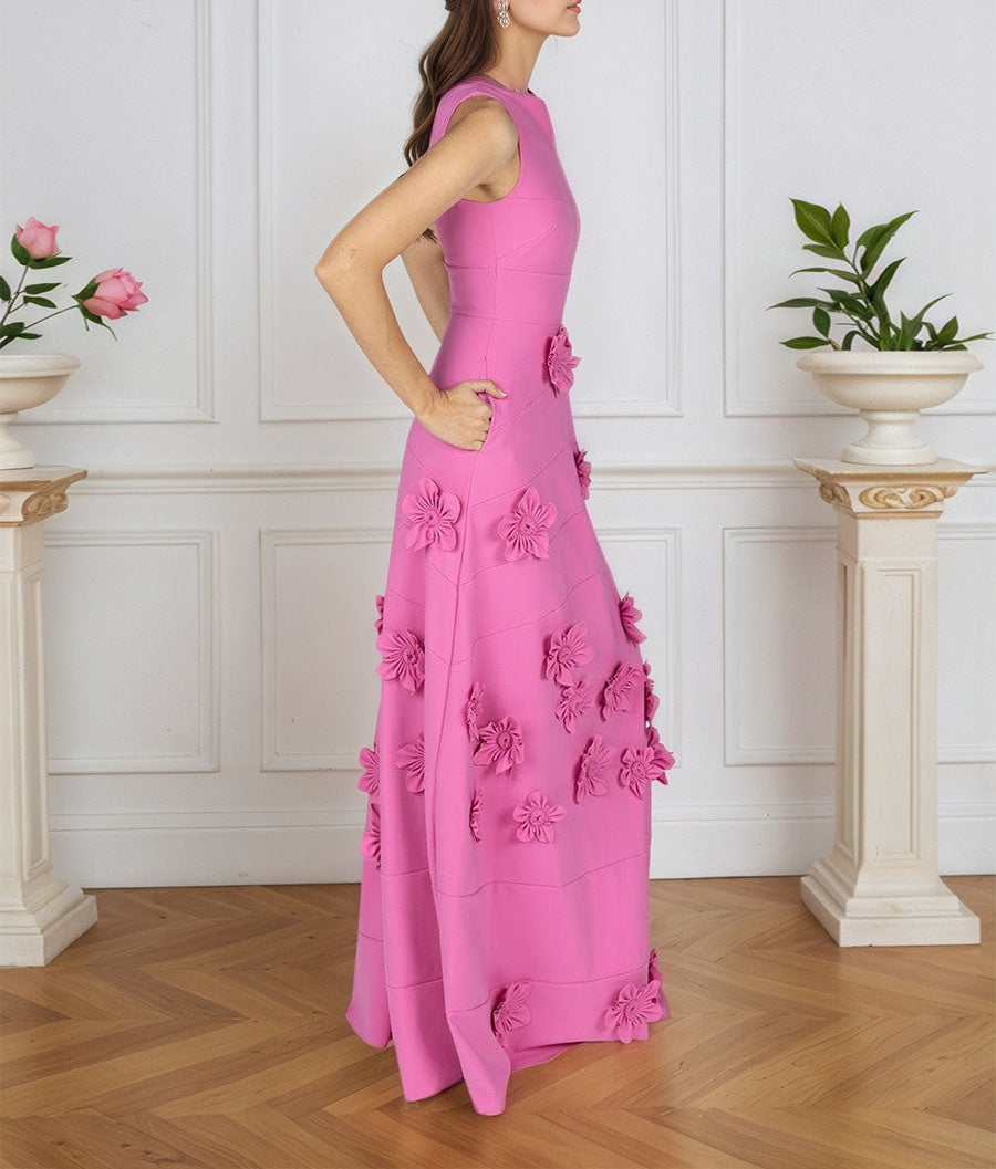 Lavender Boat Neck Formal Gown with Cascading 3D Flowers