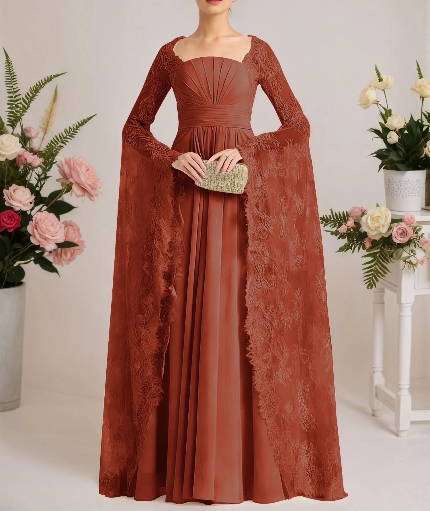 A-line Square Floor-Length Chiffon Lace Evening Dress With Beading Pleated