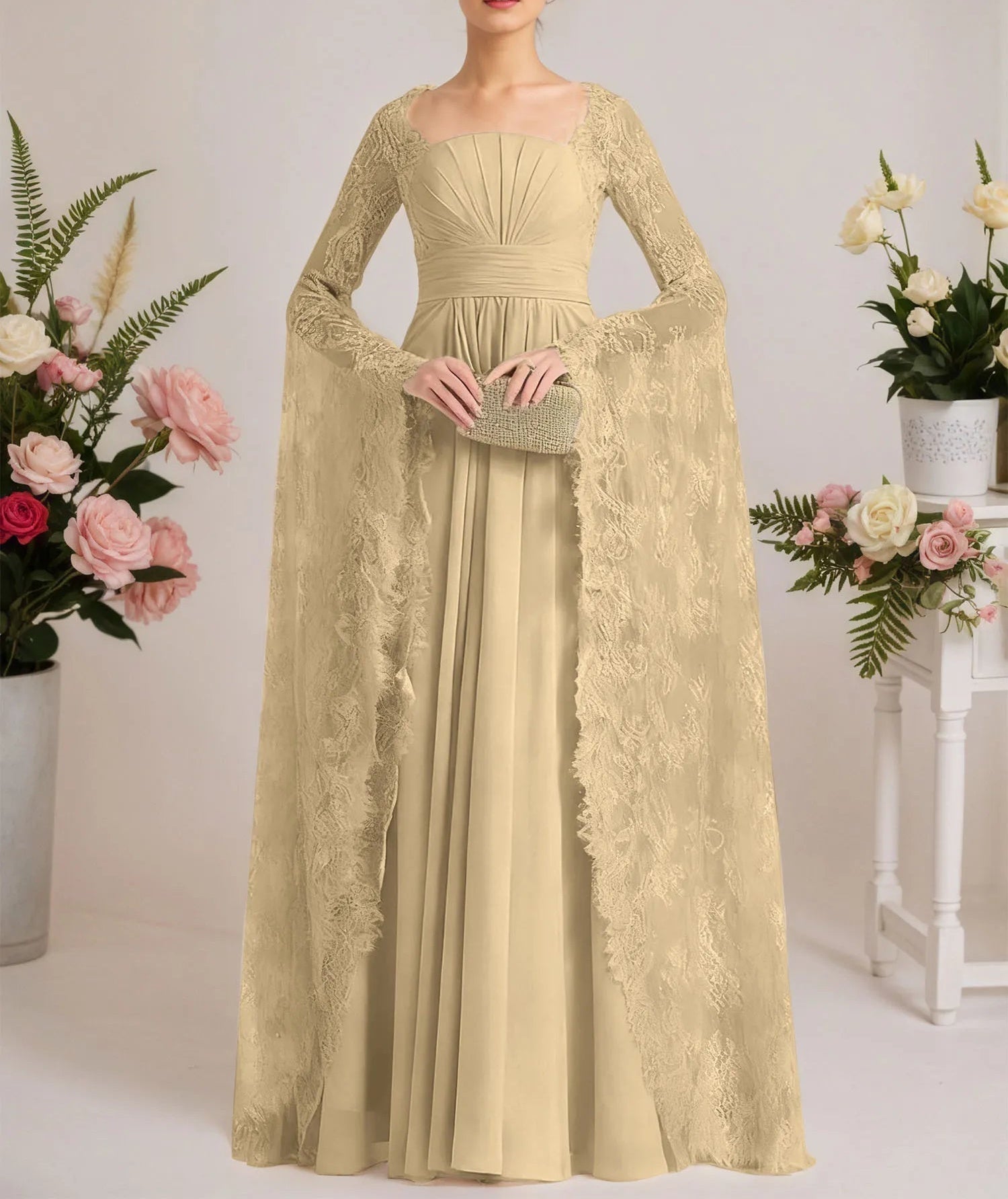 A-line Square Floor-Length Chiffon Lace Evening Dress With Beading Pleated