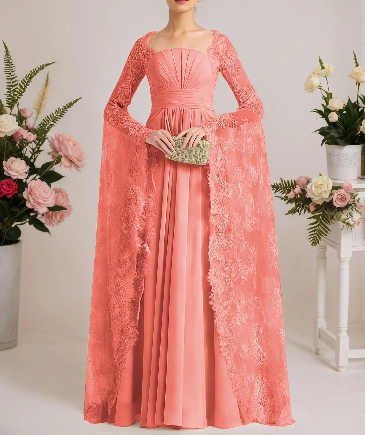 A-line Square Floor-Length Chiffon Lace Evening Dress With Beading Pleated