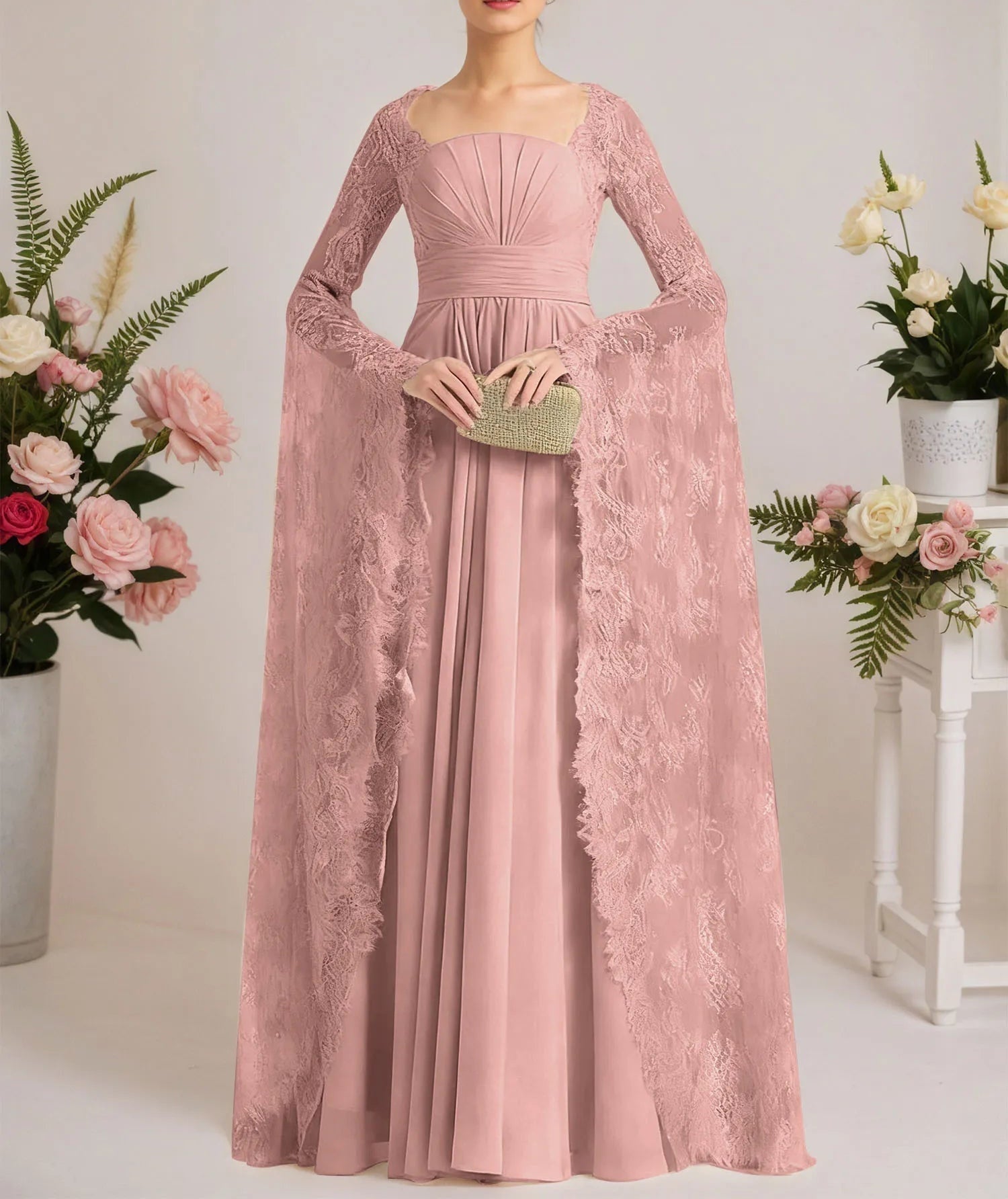 A-line Square Floor-Length Chiffon Lace Evening Dress With Beading Pleated