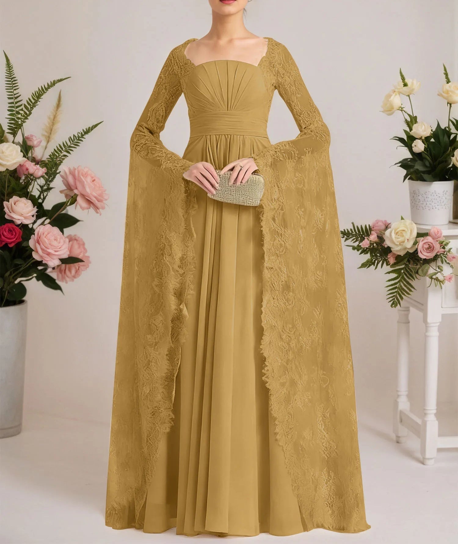 A-line Square Floor-Length Chiffon Lace Evening Dress With Beading Pleated