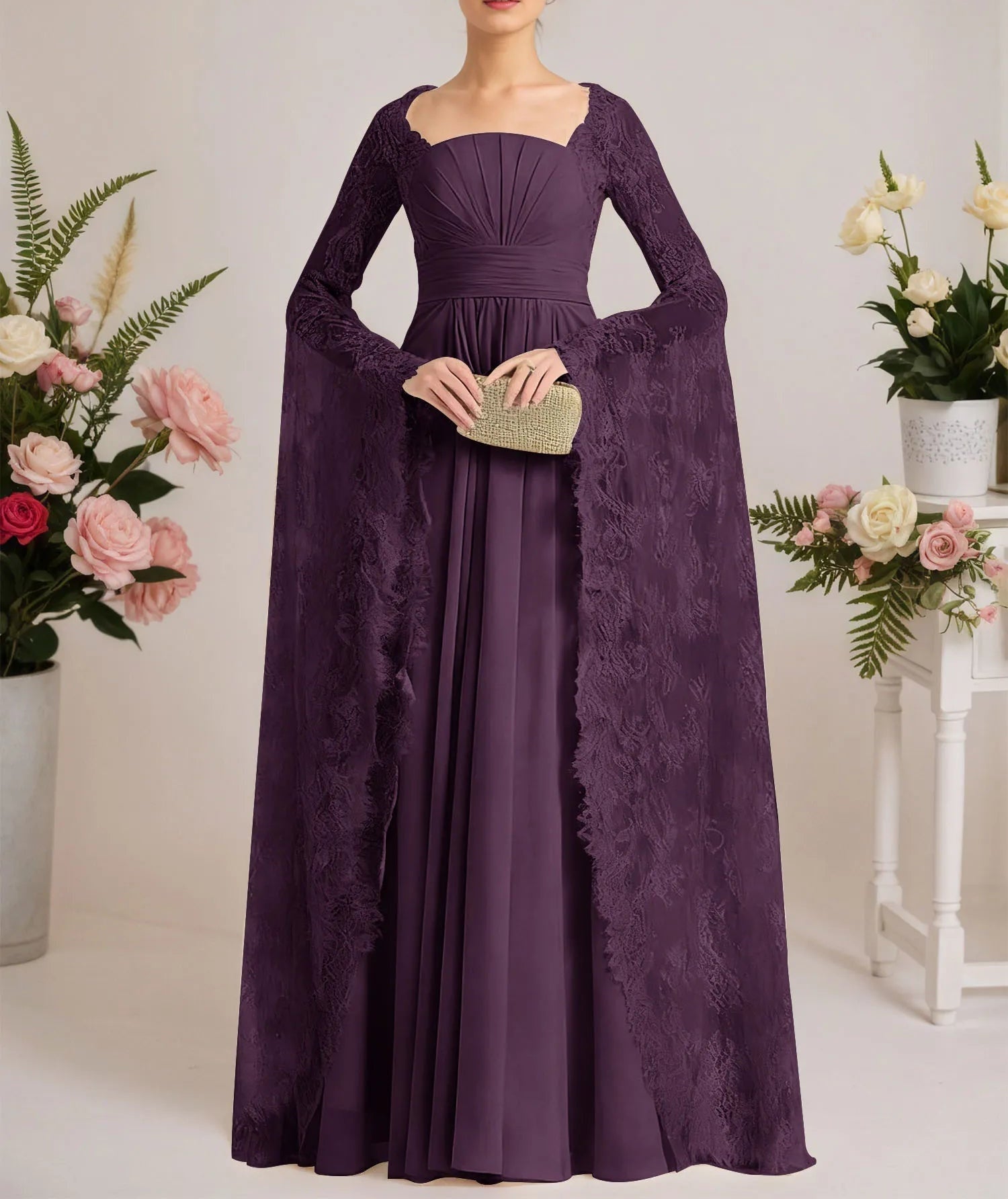 A-line Square Floor-Length Chiffon Lace Evening Dress With Beading Pleated