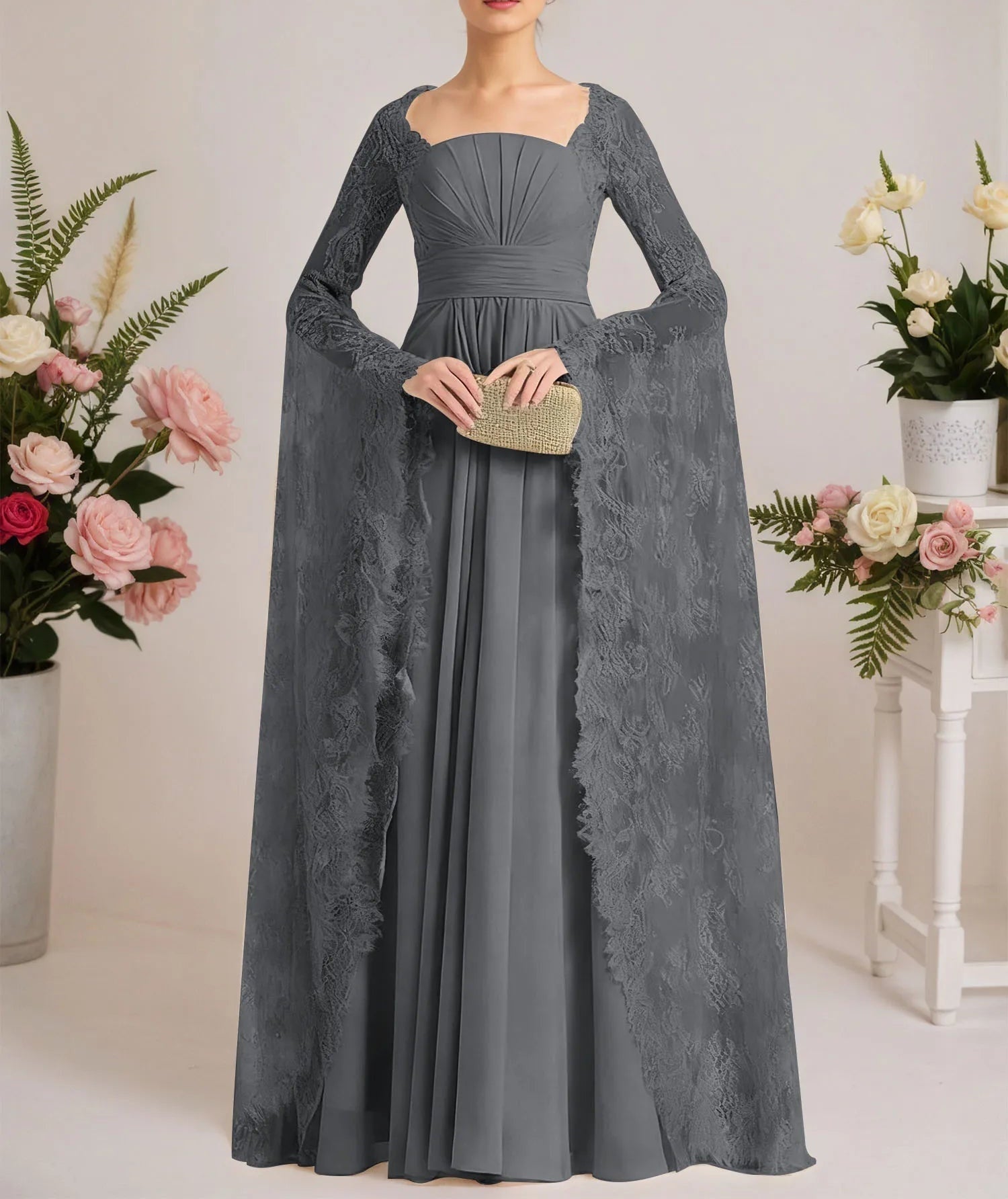 A-line Square Floor-Length Chiffon Lace Evening Dress With Beading Pleated