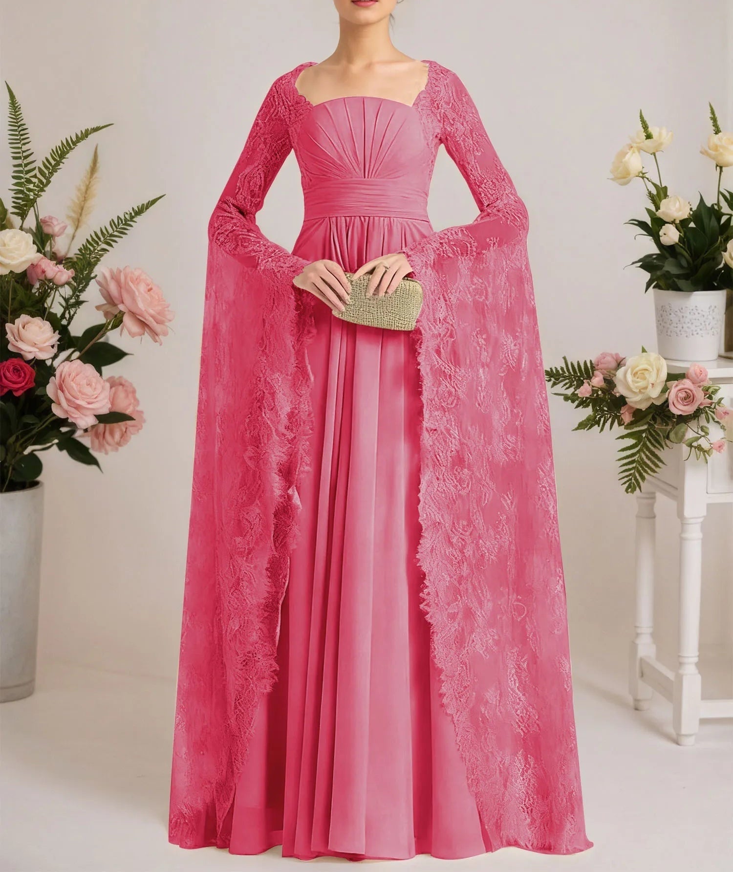A-line Square Floor-Length Chiffon Lace Evening Dress With Beading Pleated