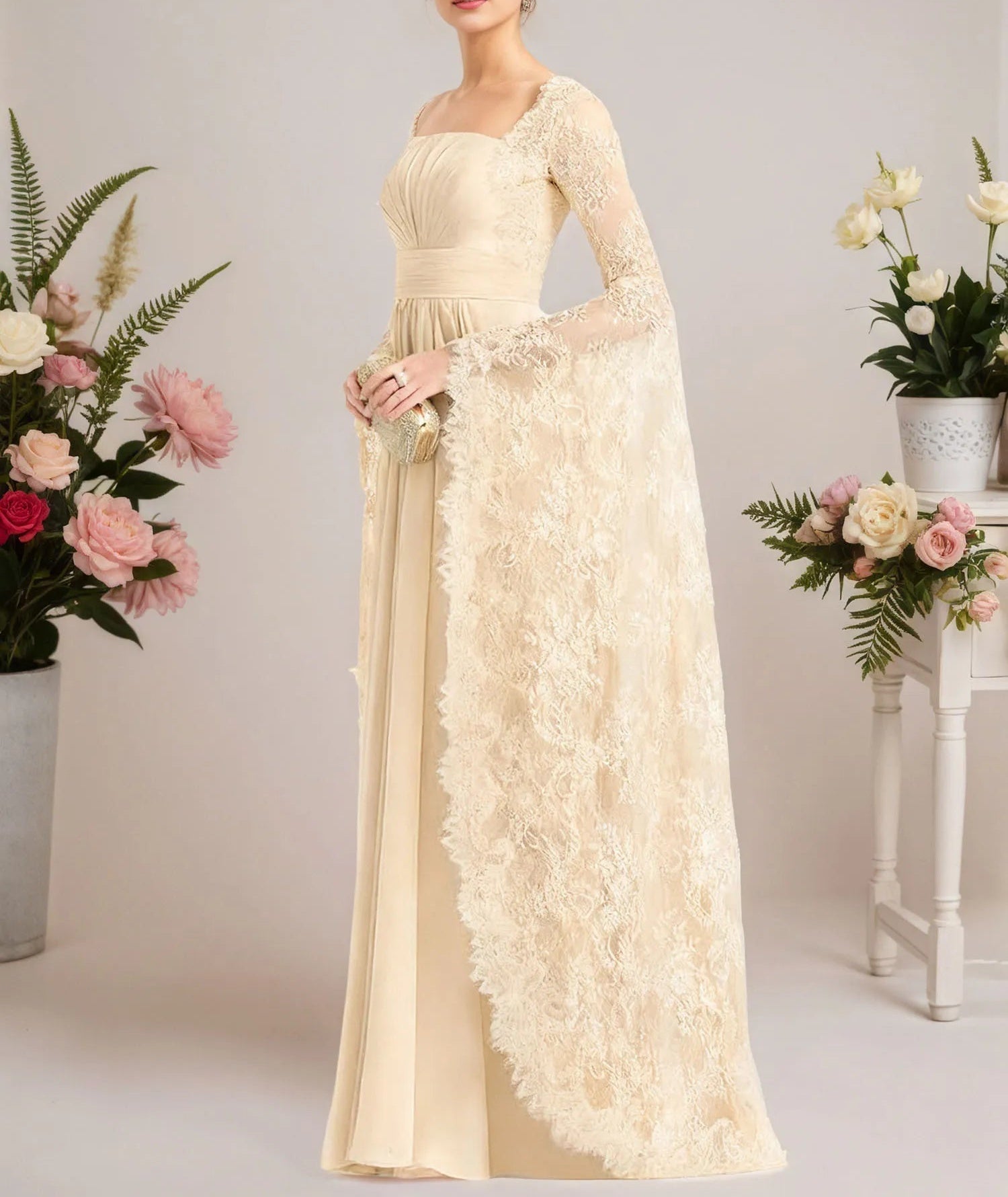 A-line Square Floor-Length Chiffon Lace Evening Dress With Beading Pleated