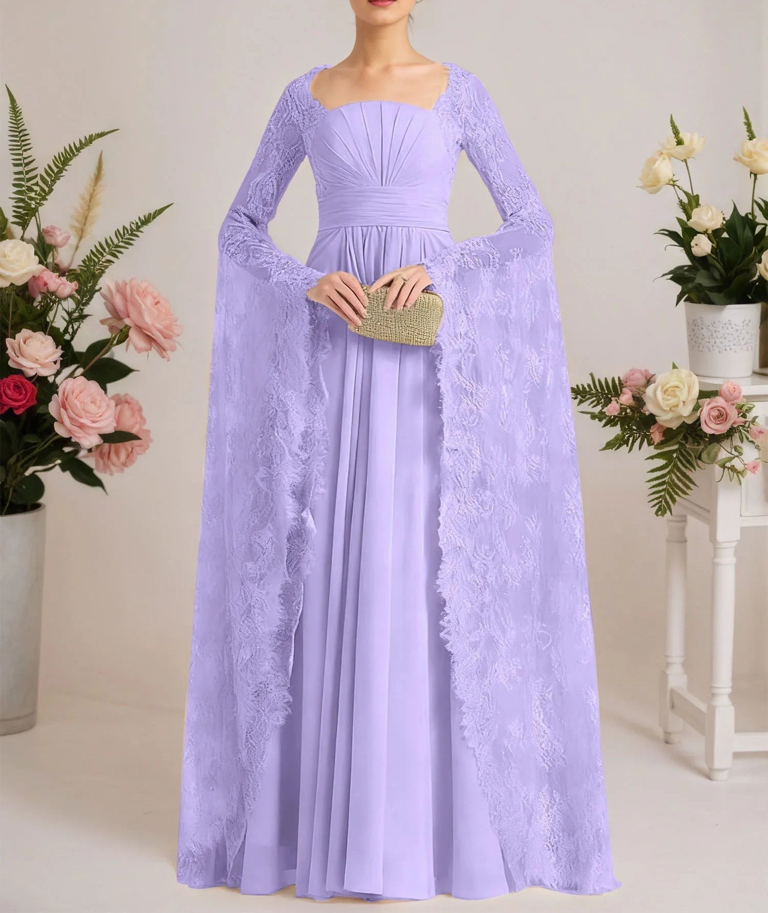 A-line Square Floor-Length Chiffon Lace Evening Dress With Beading Pleated