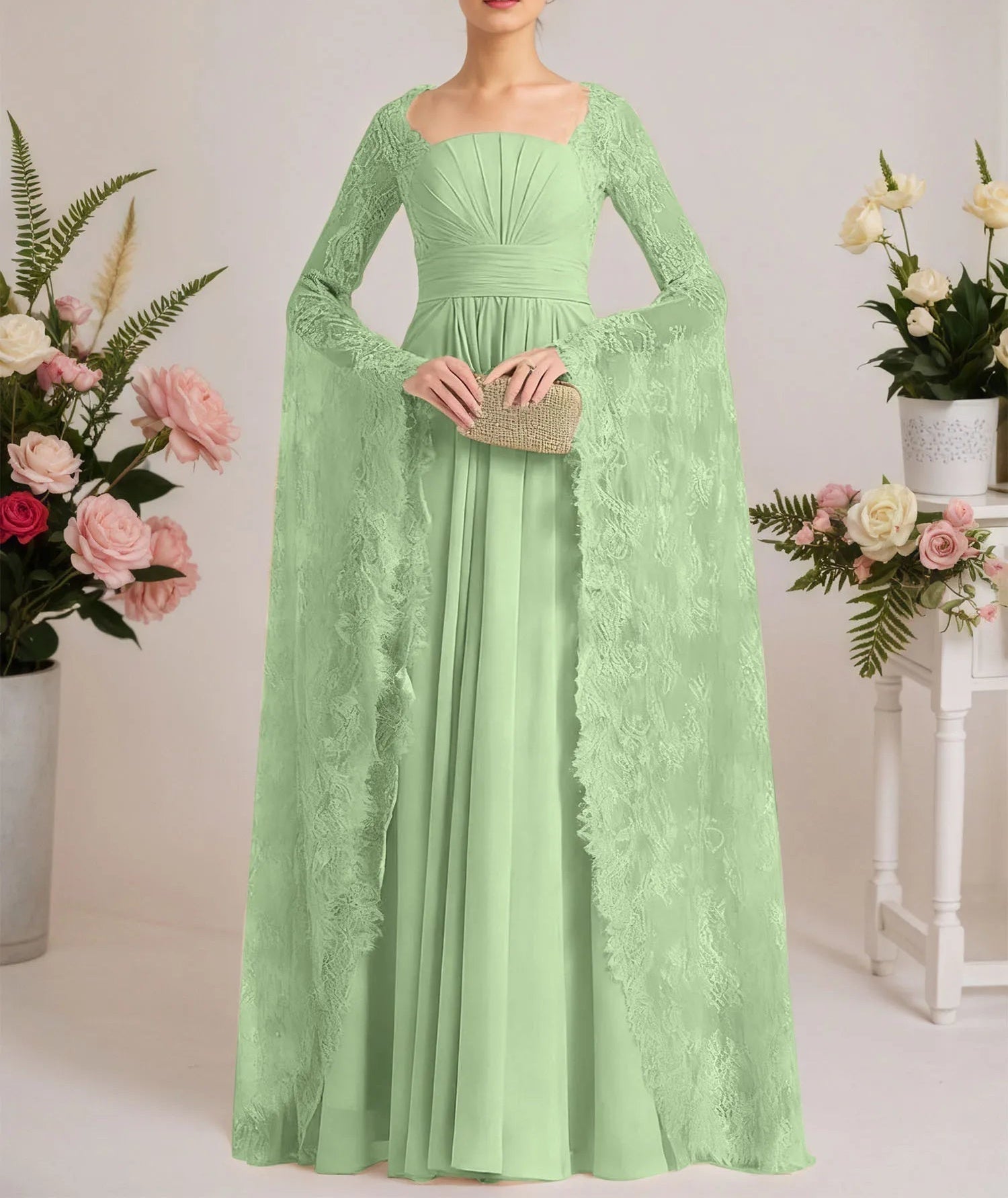 A-line Square Floor-Length Chiffon Lace Evening Dress With Beading Pleated