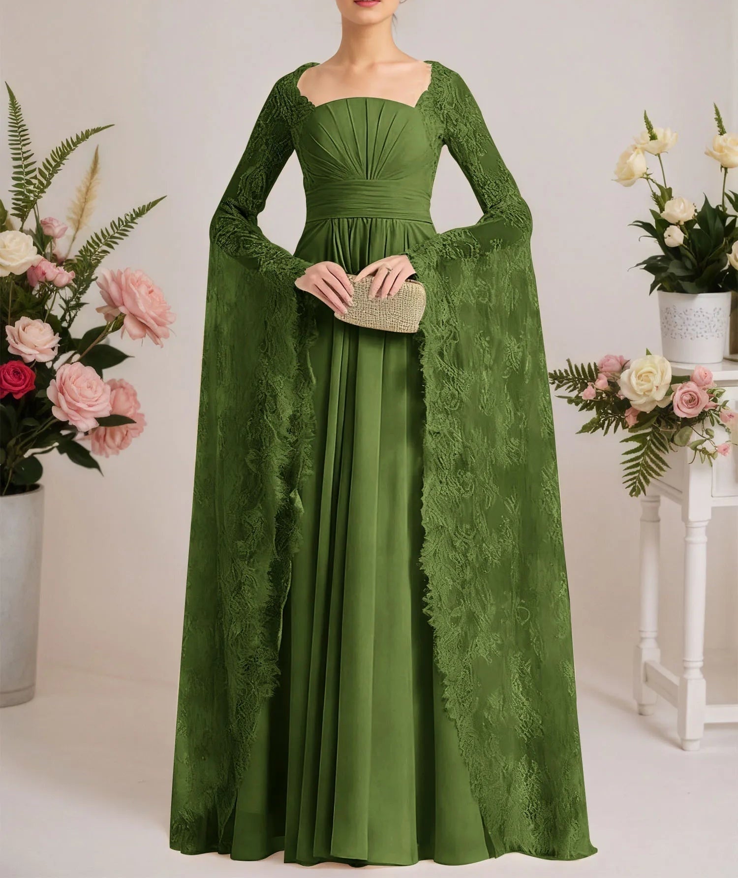 A-line Square Floor-Length Chiffon Lace Evening Dress With Beading Pleated