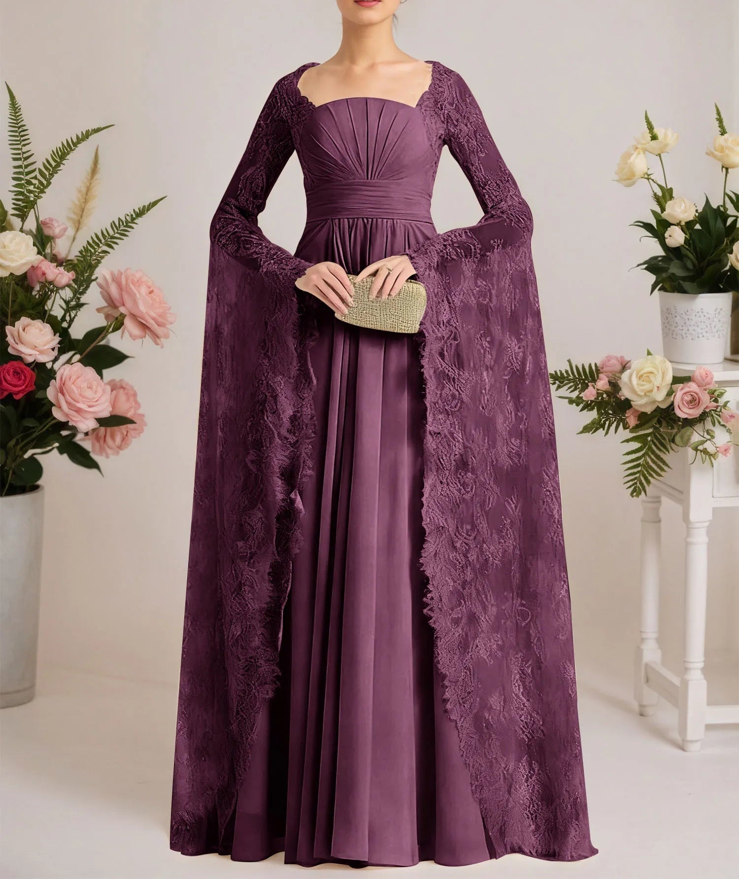 A-line Square Floor-Length Chiffon Lace Evening Dress With Beading Pleated
