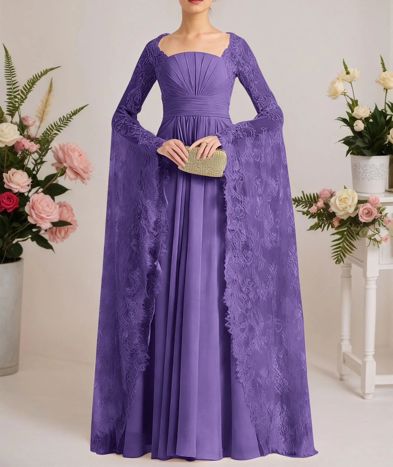 A-line Square Floor-Length Chiffon Lace Evening Dress With Beading Pleated