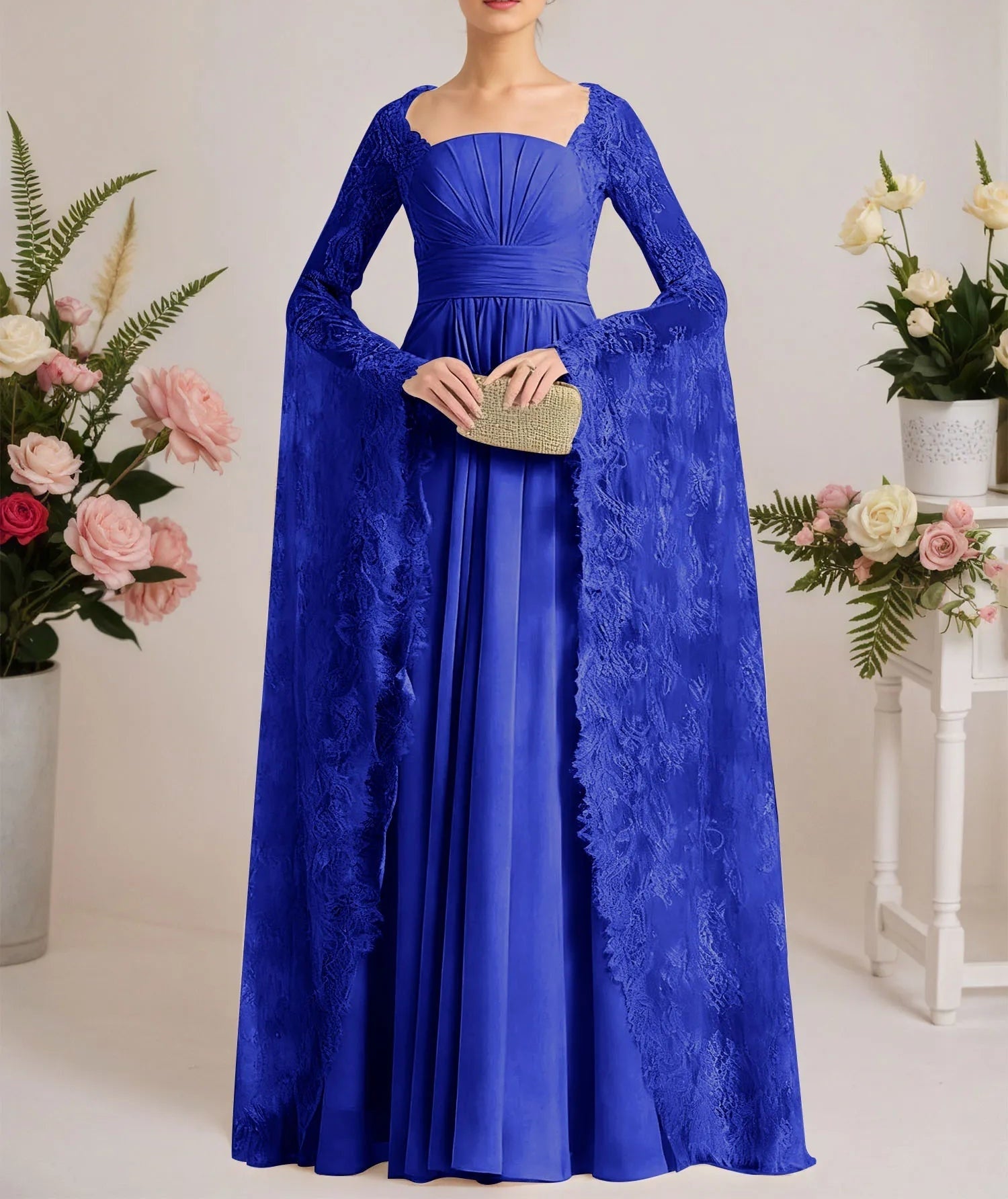 A-line Square Floor-Length Chiffon Lace Evening Dress With Beading Pleated