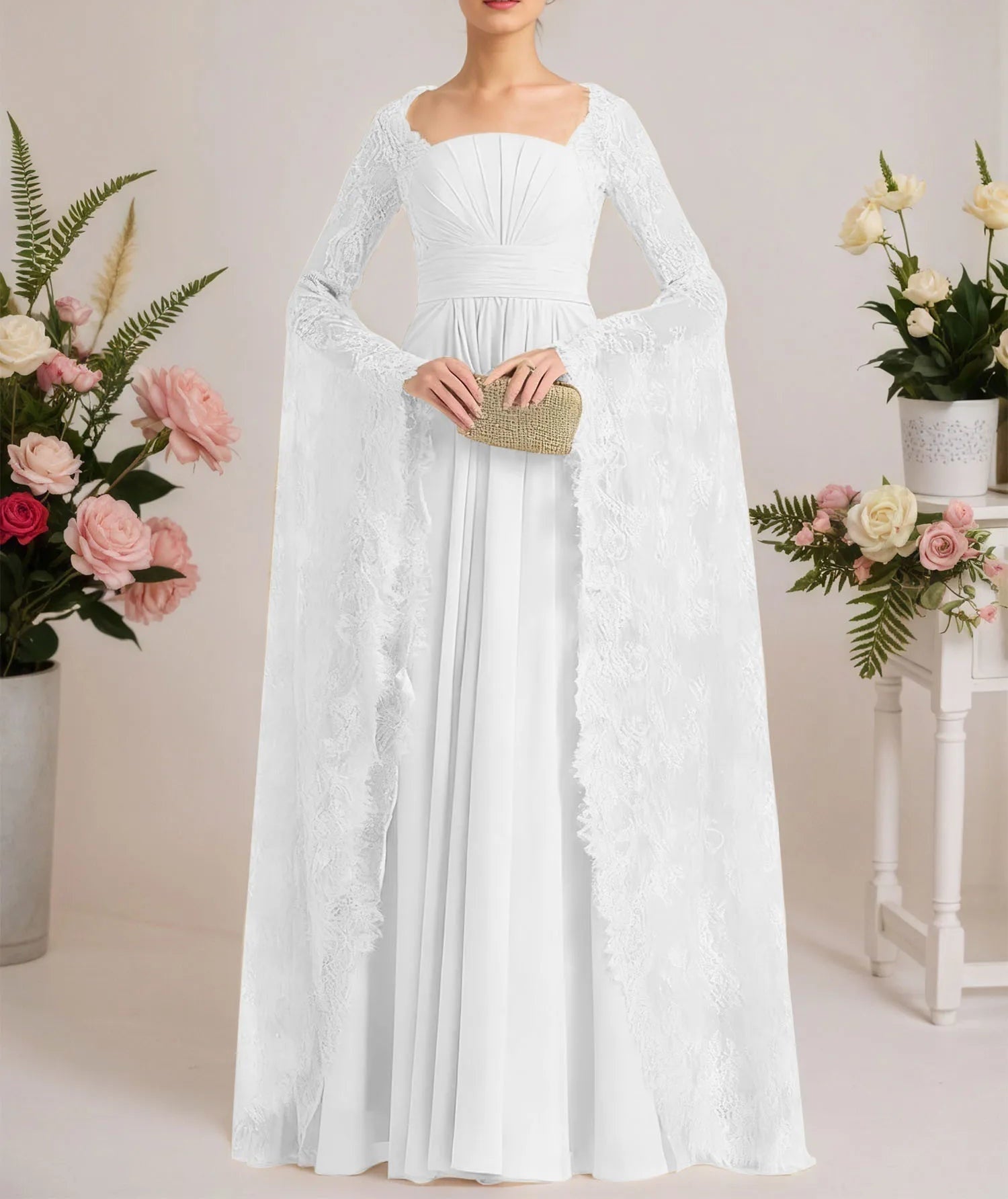 A-line Square Floor-Length Chiffon Lace Evening Dress With Beading Pleated