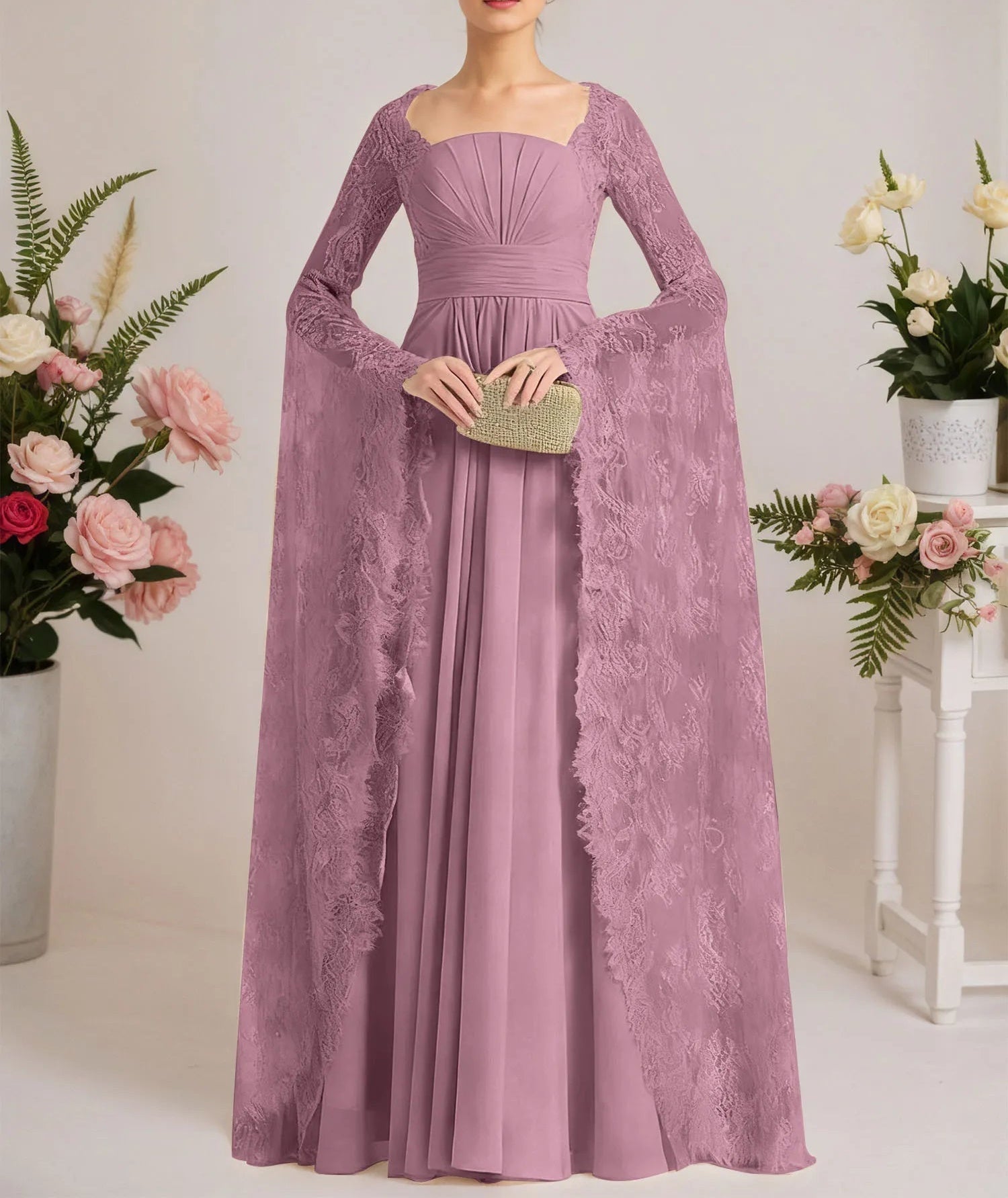 A-line Square Floor-Length Chiffon Lace Evening Dress With Beading Pleated