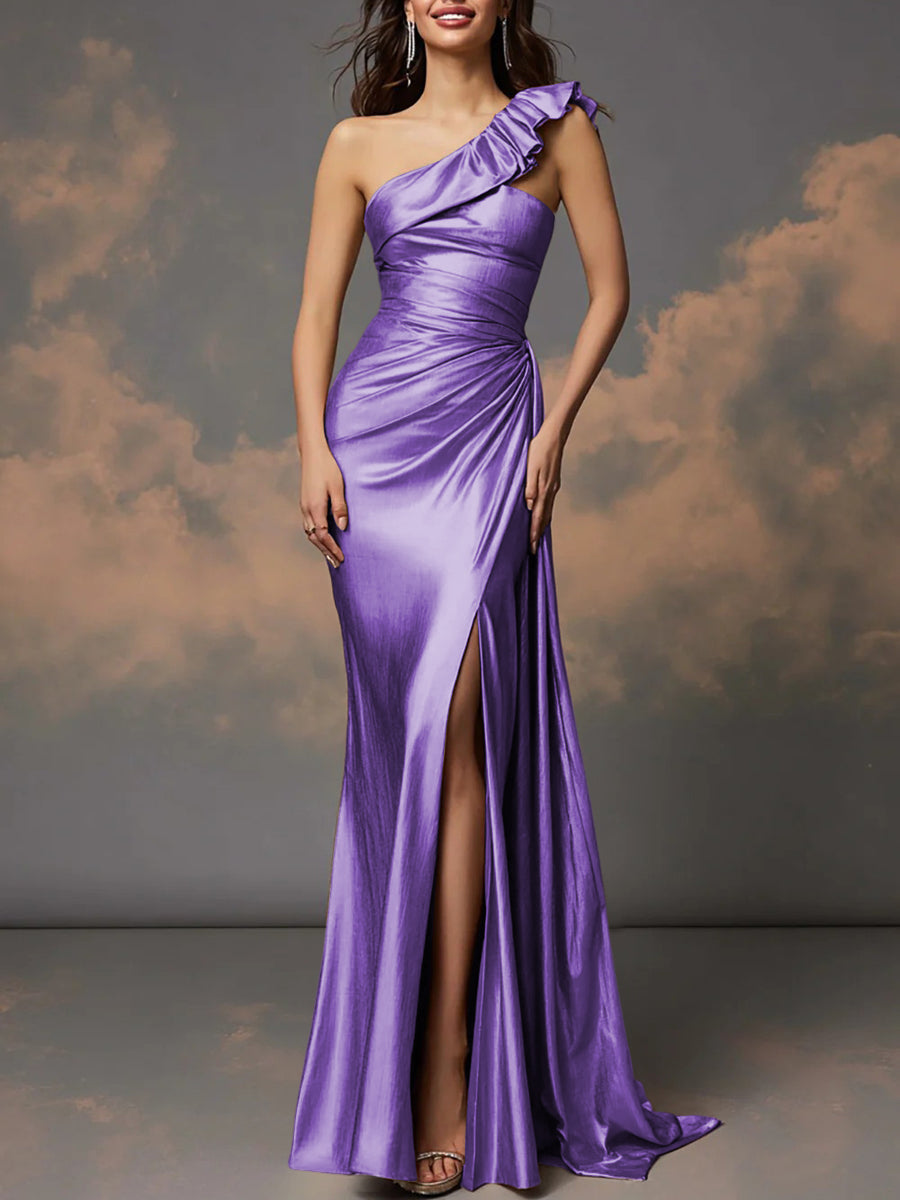 Ruffle One Shoulder Ruched Metallic Long Prom Dresses Sheath/Column Ball Gowns with Train