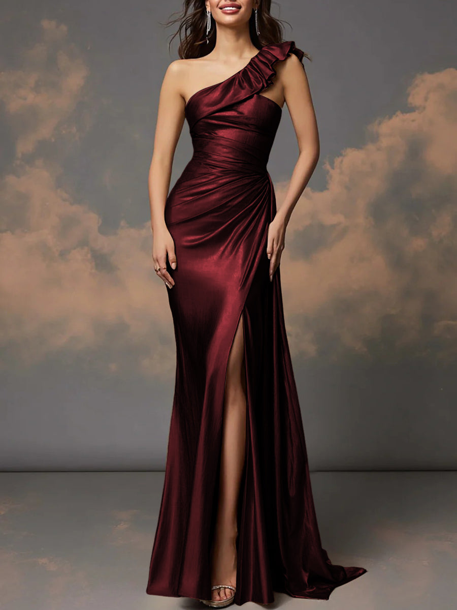 Ruffle One Shoulder Ruched Metallic Long Prom Dresses Sheath/Column Ball Gowns with Train