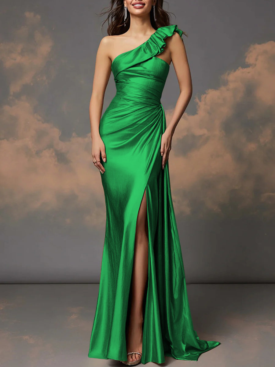 Ruffle One Shoulder Ruched Metallic Long Prom Dresses Sheath/Column Ball Gowns with Train