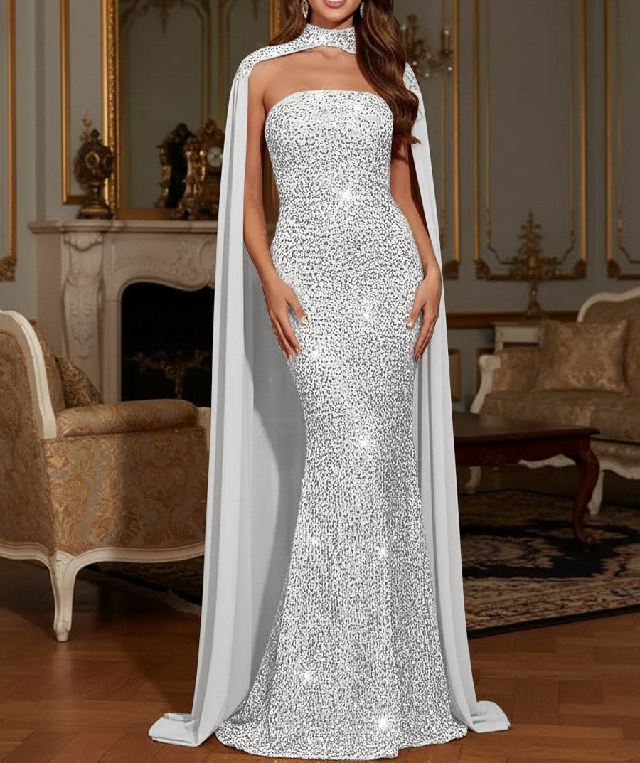 Elegant Mermaid Glitter Sequin Strapless Floor Length Prom Dresses with Cape