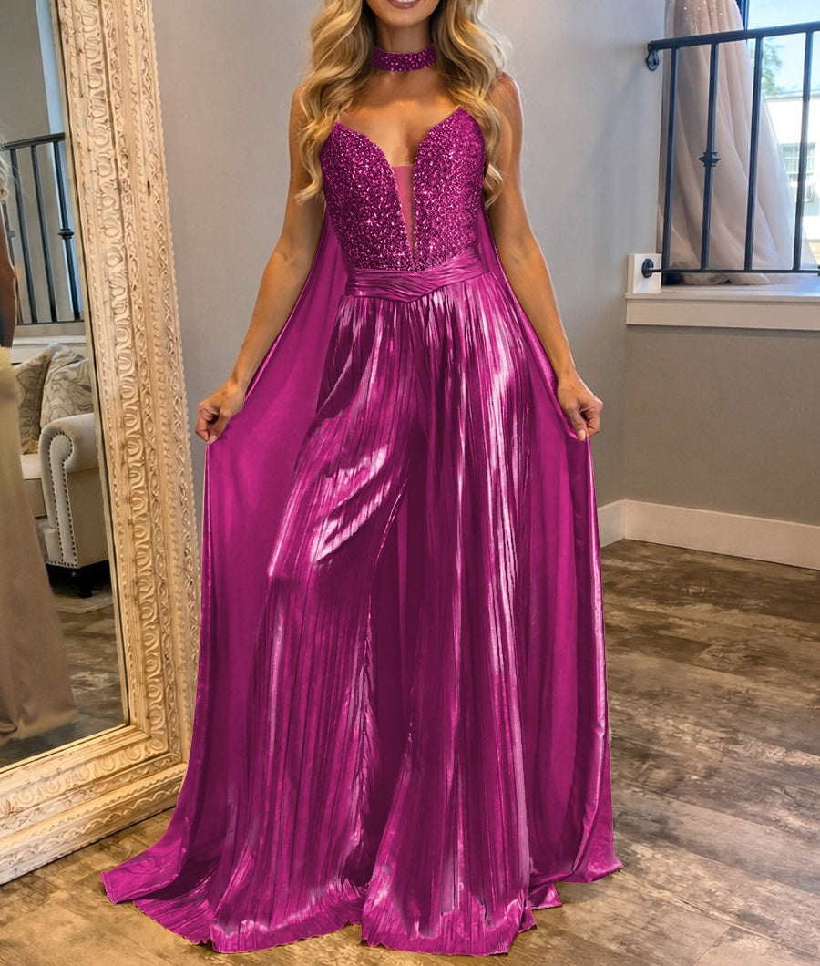 Jumpsuits Sequin V-Neck Sparkly Long Prom Dresses with Cape
