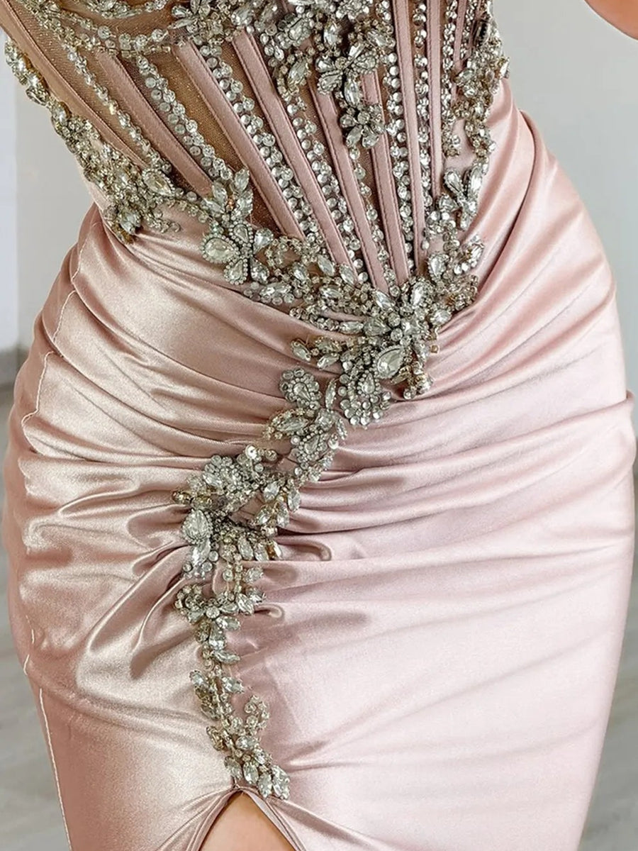 A-Line/Princess V-Neck Spaghetti Strap Satin Floor-Length Prom Dresses with Lace Applique