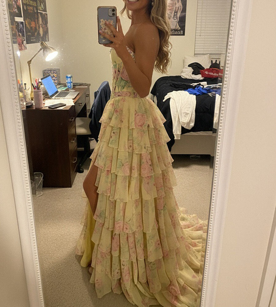Mermaid Tiered Floor-Length Fancy Formal Prom Dresses with Flower
