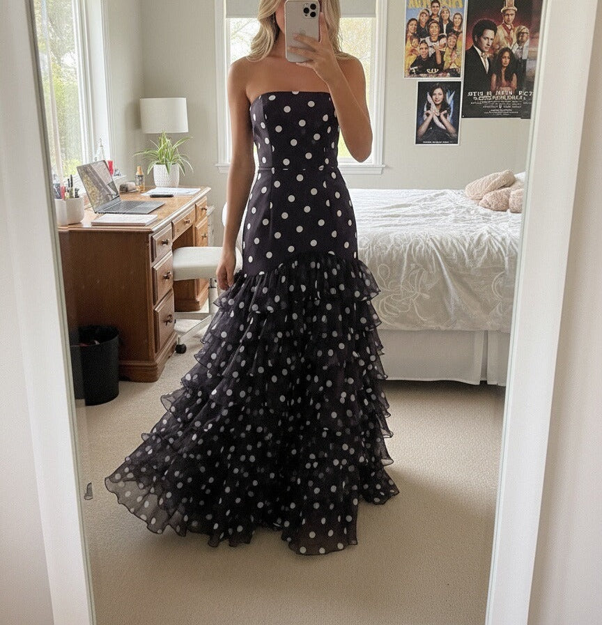Mermaid/Trumpet Strapless Tiered Ruffles Floor Length Prom Dresses Polka Dot Dress
