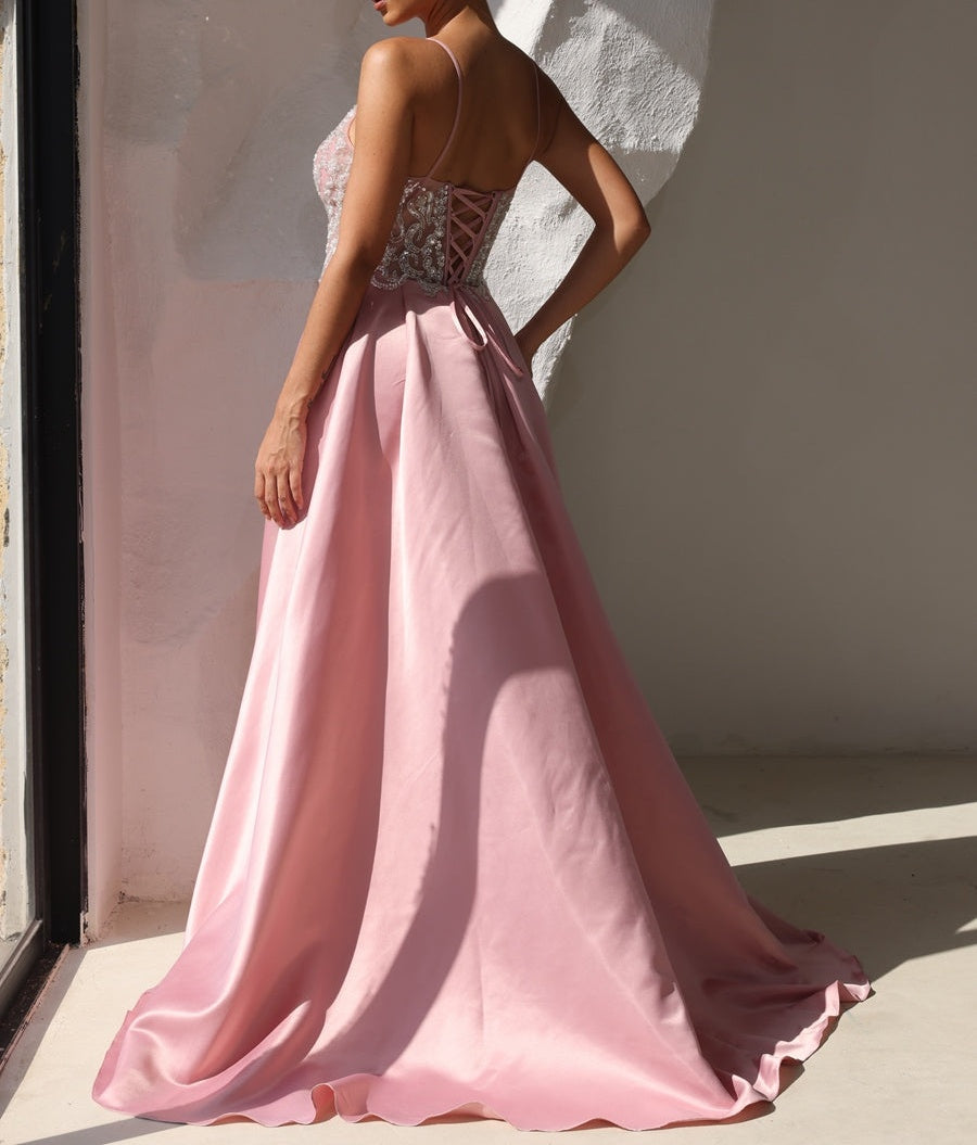 A-Line/Princess V-Neck Satin Floor-Length Prom Dresses with Beading