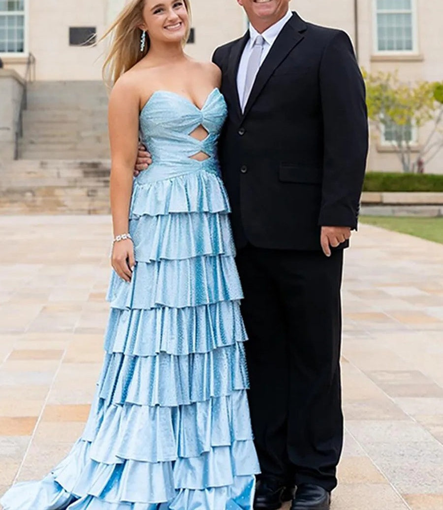 A-Line/Princess Sparkly Tiered Cut Out Floor-Length Formal Prom Dresses