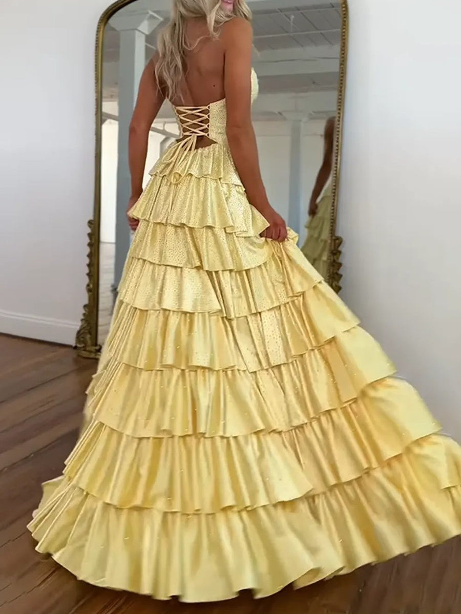 A-Line/Princess Sparkly Tiered Cut Out Floor-Length Formal Prom Dresses