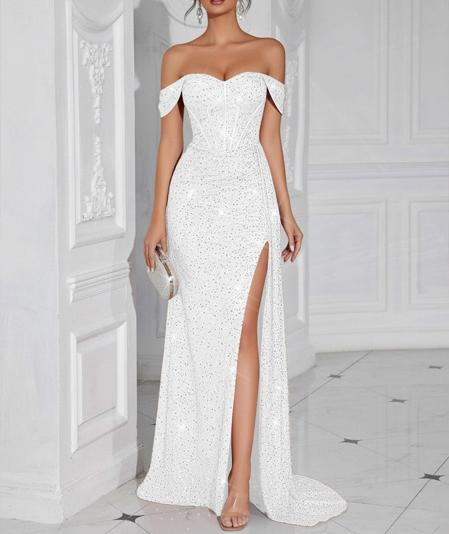 Vintage Mermaid Off Shoulder Corset Long Prom Dresses with Slit