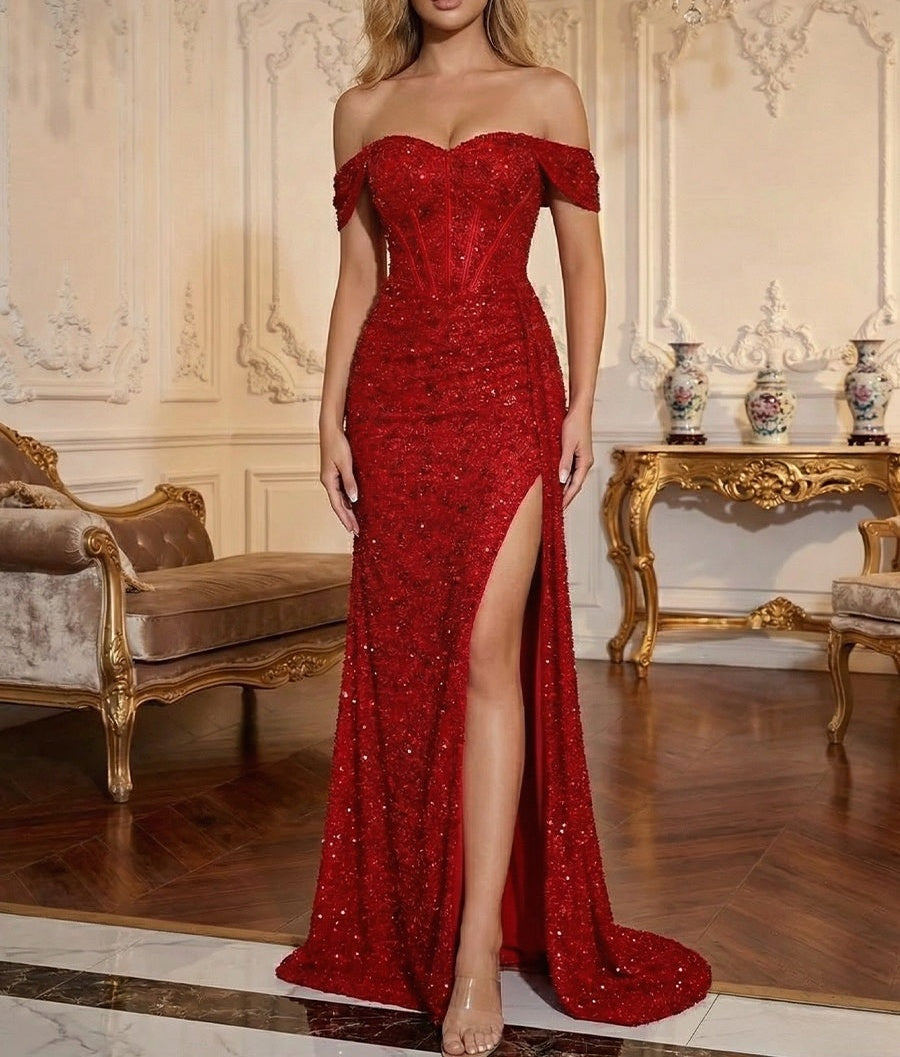Vintage Mermaid Off Shoulder Corset Long Prom Dresses with Slit