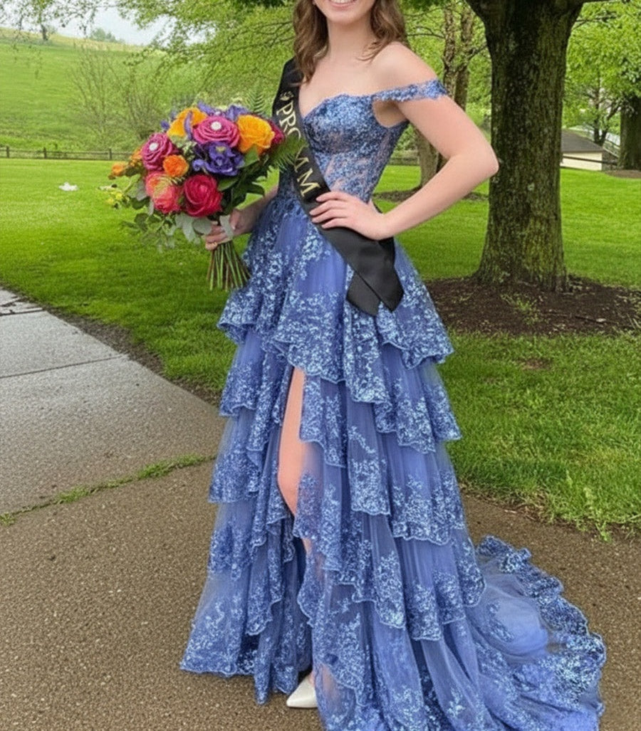 A-Line/Princess Tiered Off Shoulder Floor-Length Corset Prom Dresses with Sequin